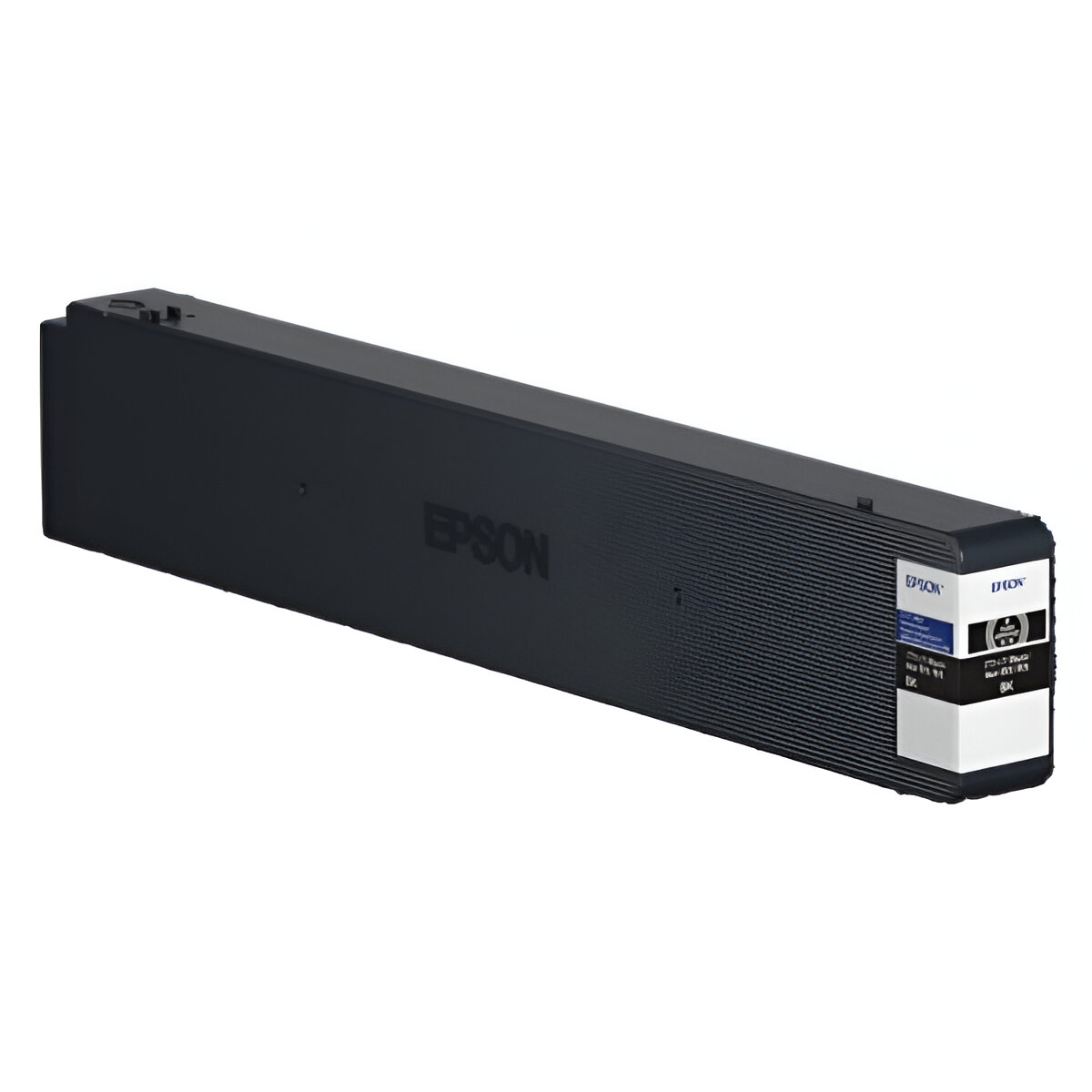 Un cartucho de tinta Epson negro. La etiqueta muestra información del producto. Sobre un fondo blanco.