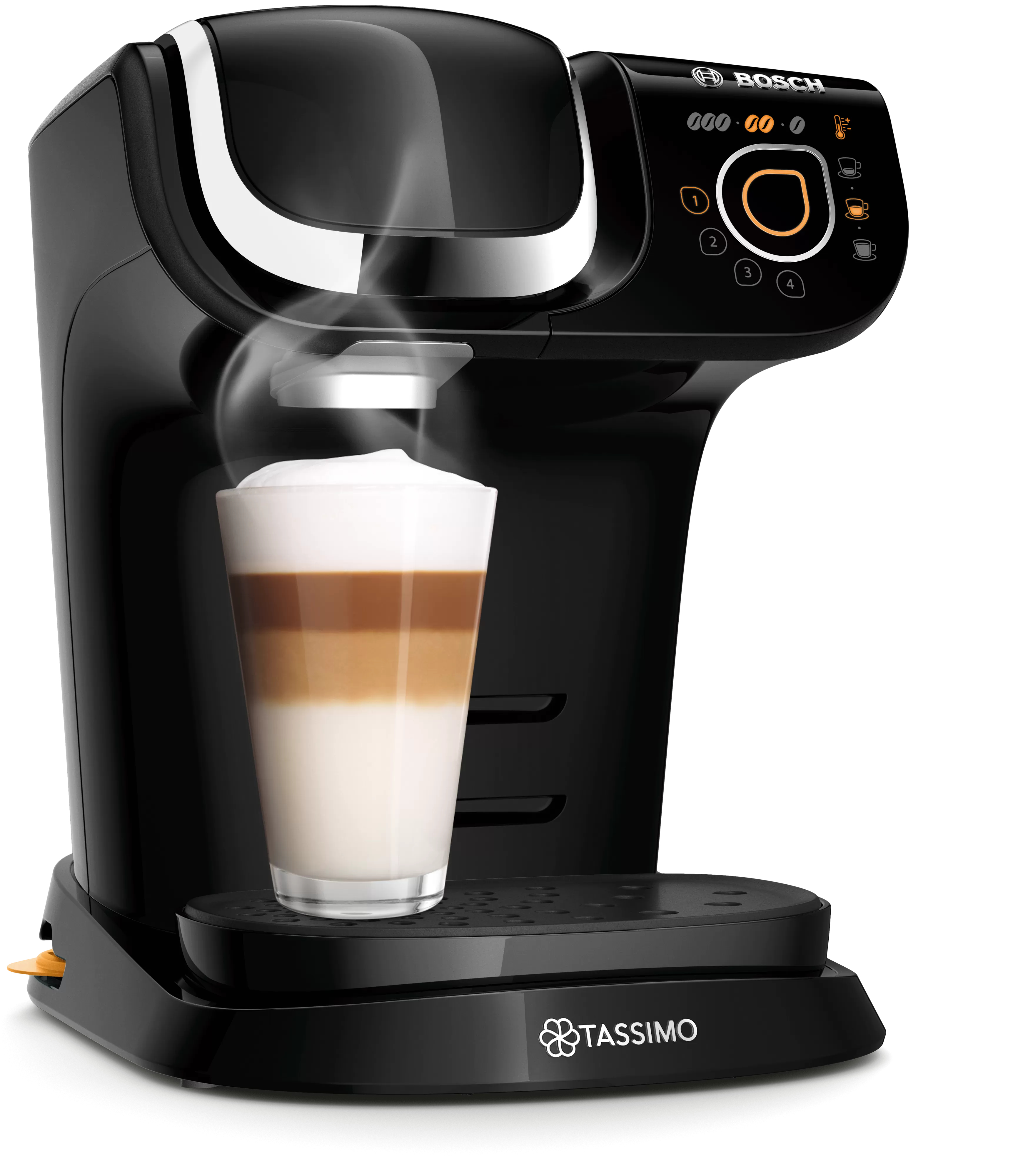 Schwarze Tassimo Kaffeemaschine mit einem Latte-Glas davor. Weißer Hintergrund.