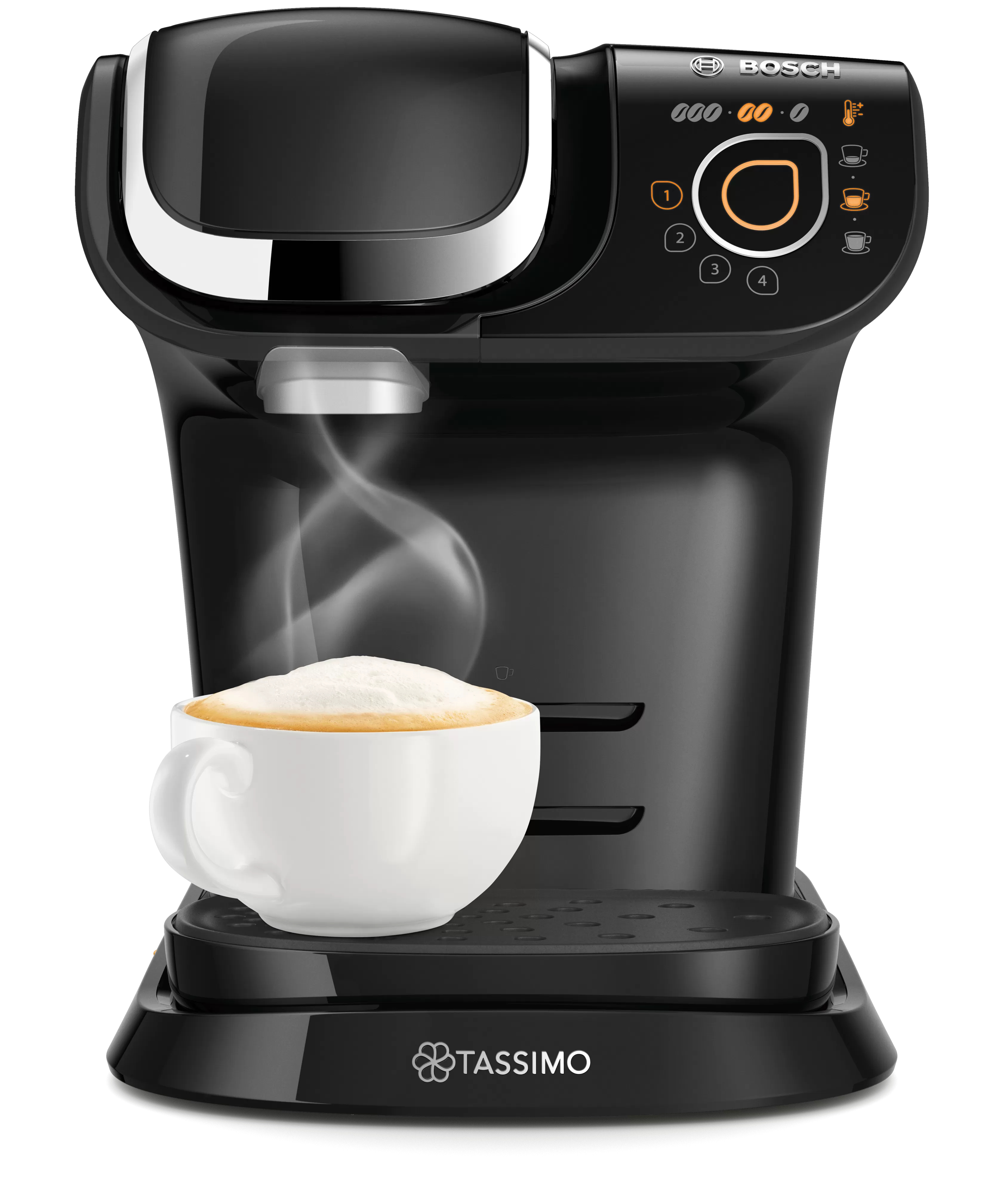 Schwarze Kaffeemaschine mit weißer Tasse und Dampf.