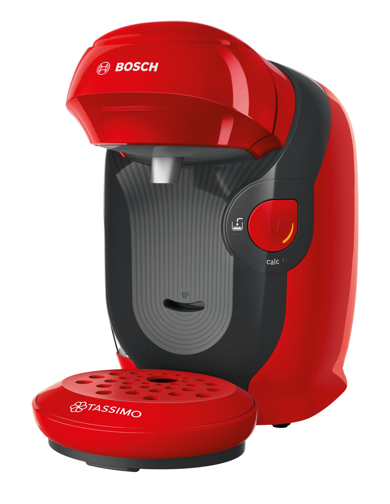 Roter und schwarzer Tassimo-Kaffeeautomat. Es steht auf weißem Grund mit einem Kaffee-Pod-Sockel.