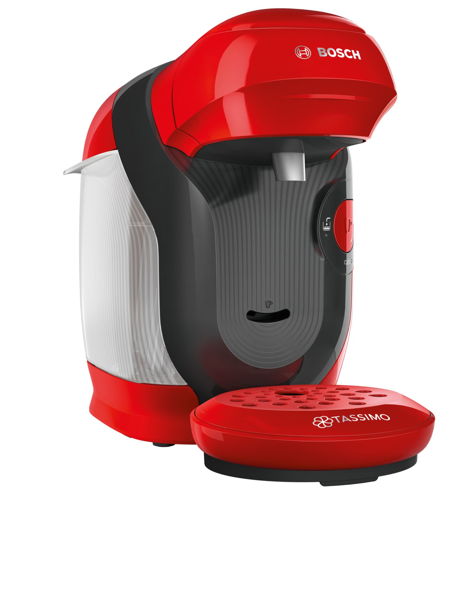 Roter und schwarzer Bosch Tassimo Kaffeeautomat auf weißem Hintergrund. Es ist ein modernes Design.