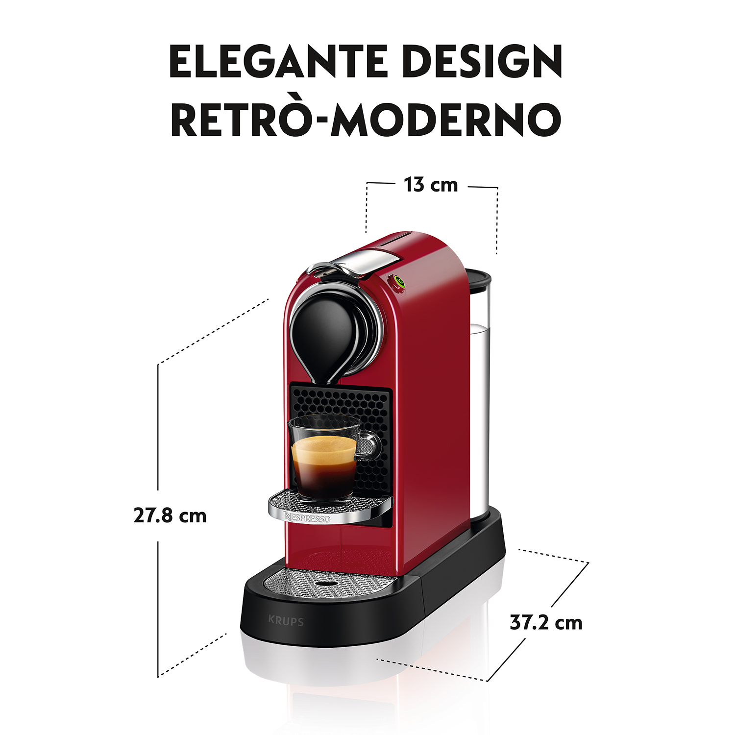 Czerwony ekspres do kawy z oznaczonymi wymiarami, na białym tle.