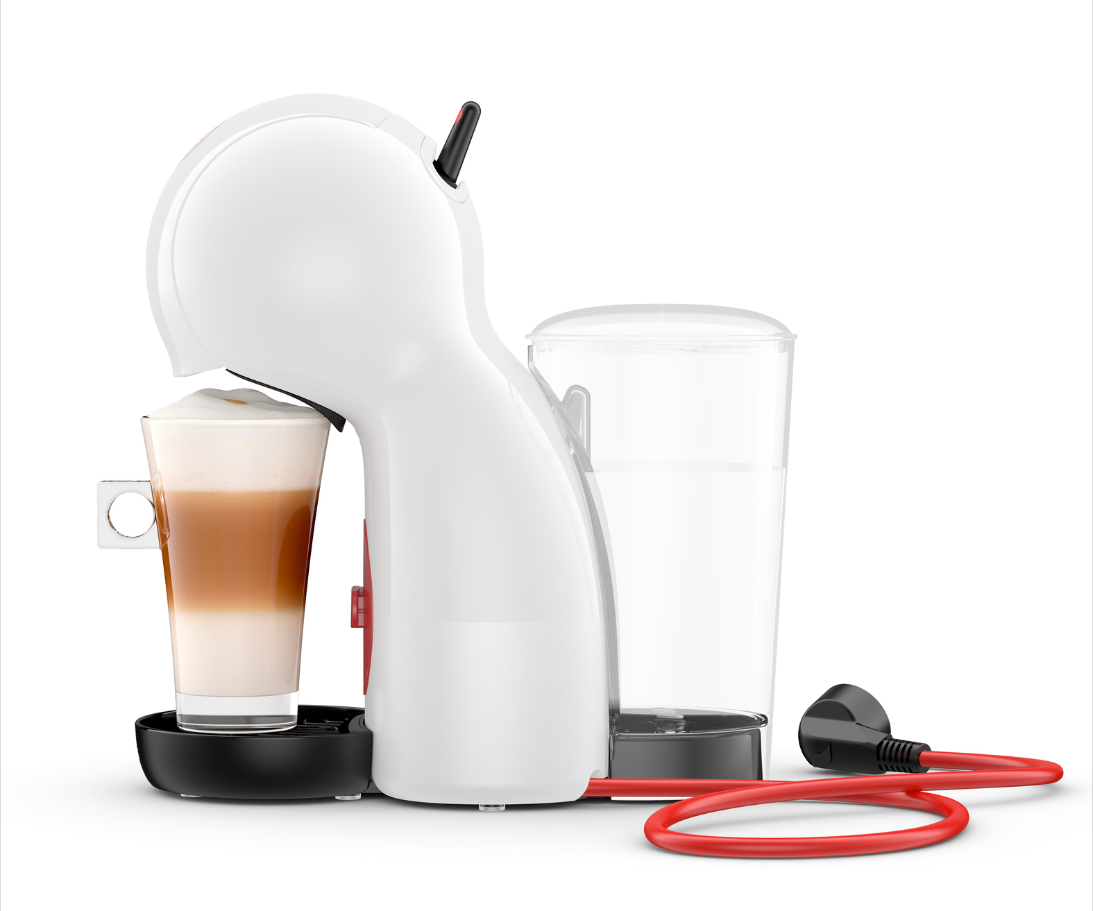 Macchina da caffè bianca e rossa. Caraffa in vetro con bevanda, cavo di alimentazione. Vista laterale.