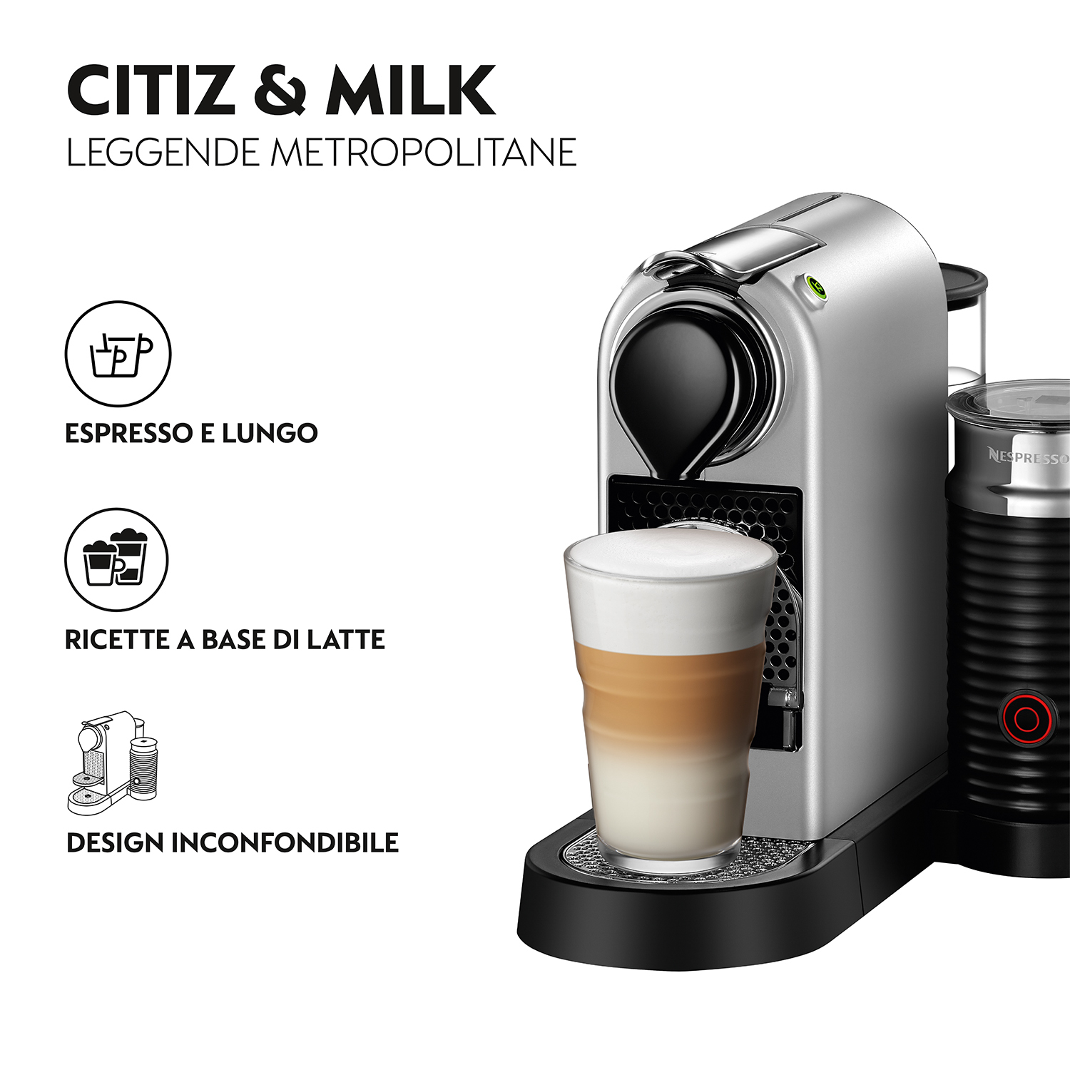 Macchina da caffè e montalatte, con un bicchiere di caffè stratificato. Testo in italiano visibile.