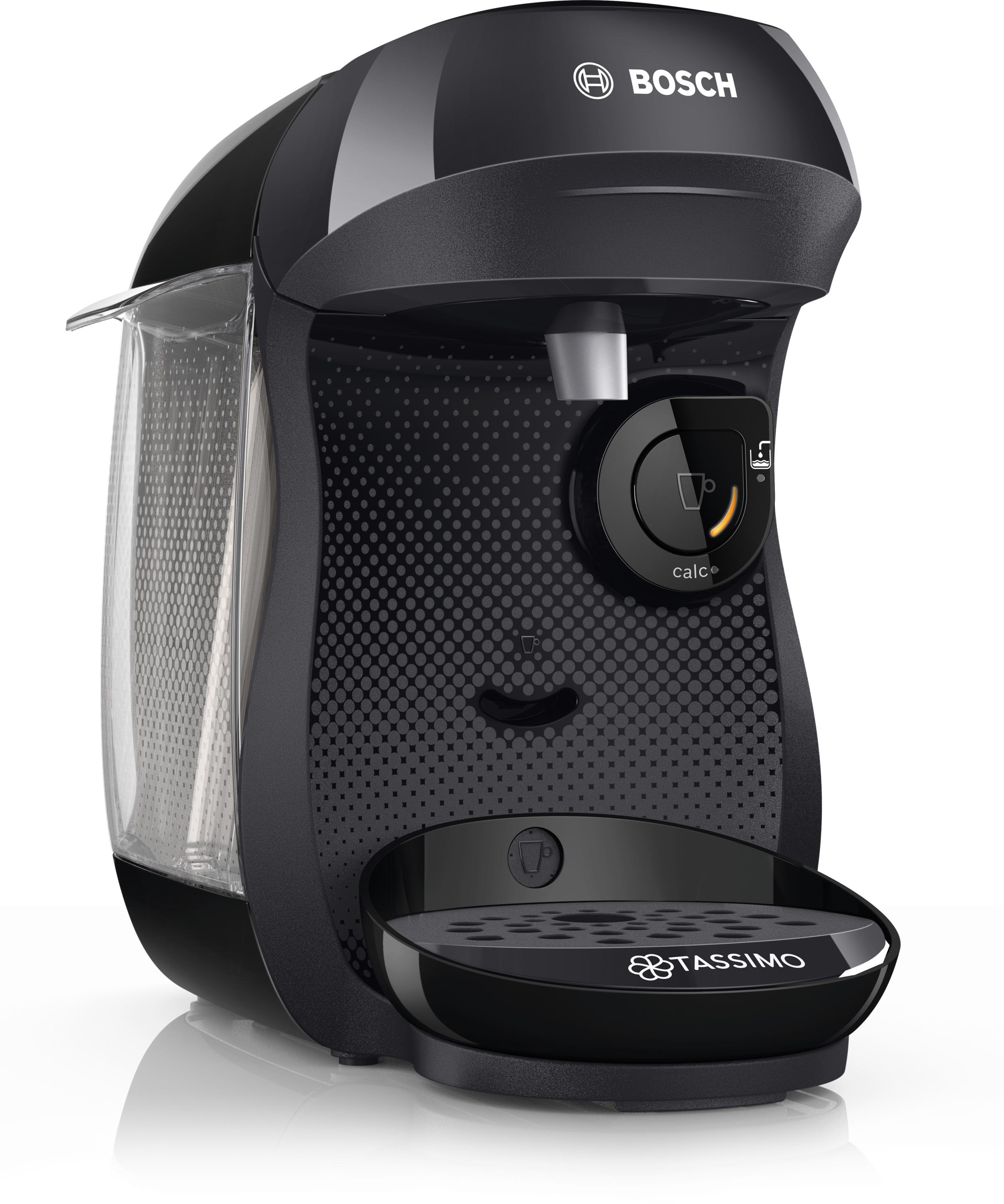 Macchina da caffè Bosch Tassimo nera con serbatoio dell'acqua trasparente e poggiatazze.