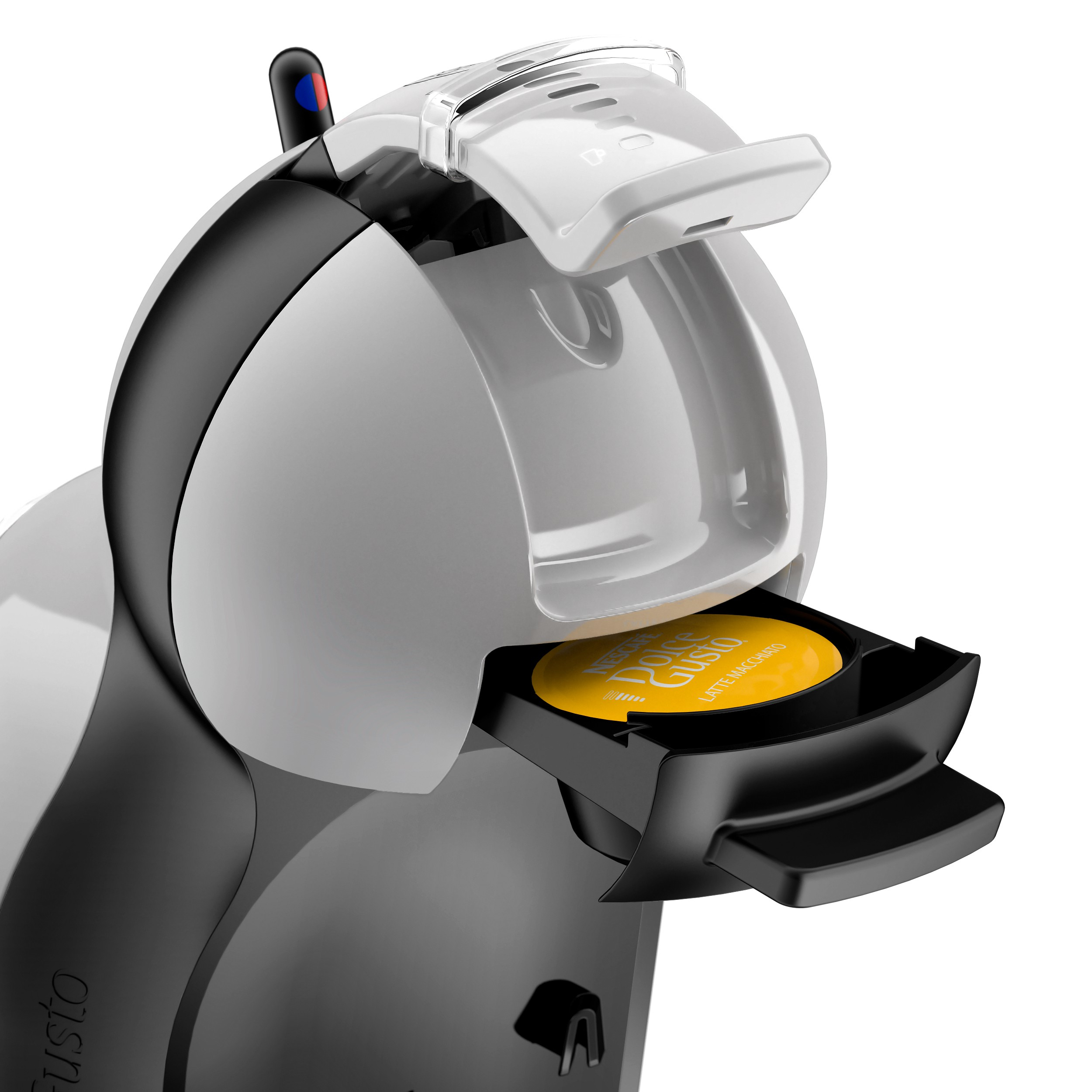 Nahaufnahme einer weißen und schwarzen Dolce Gusto Kaffeemaschine mit gelber Kapsel.