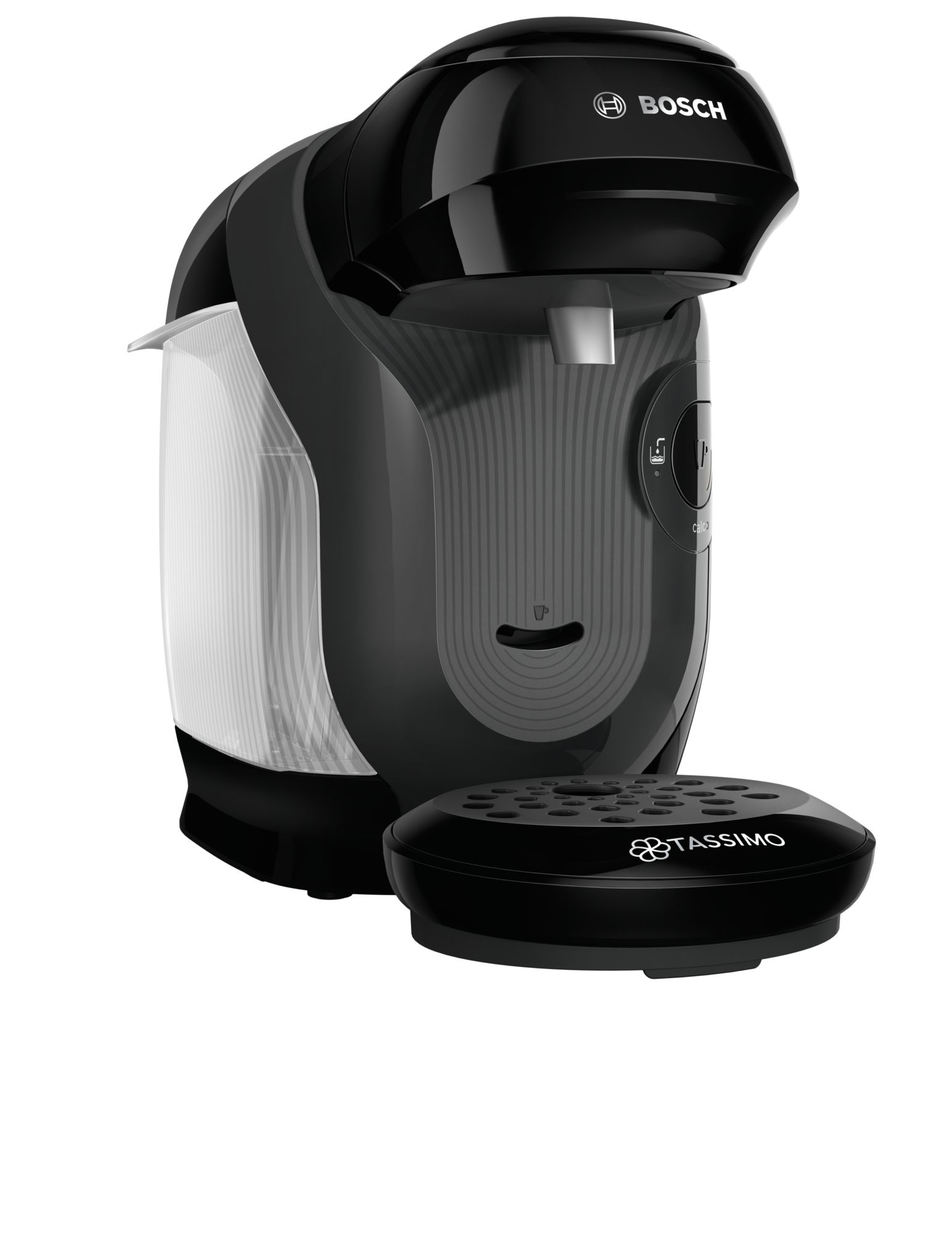 Macchina da caffè Tassimo Bosch nera, vista frontale, serbatoio dell'acqua laterale.