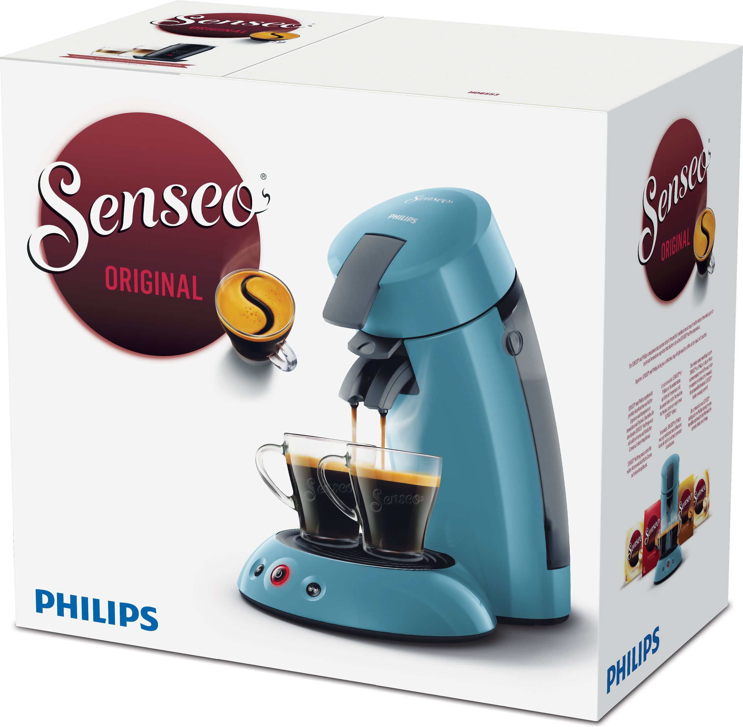 Blauwe Senseo koffiemachine, koffie wordt in twee kopjes gegoten. Doos op de achtergrond.