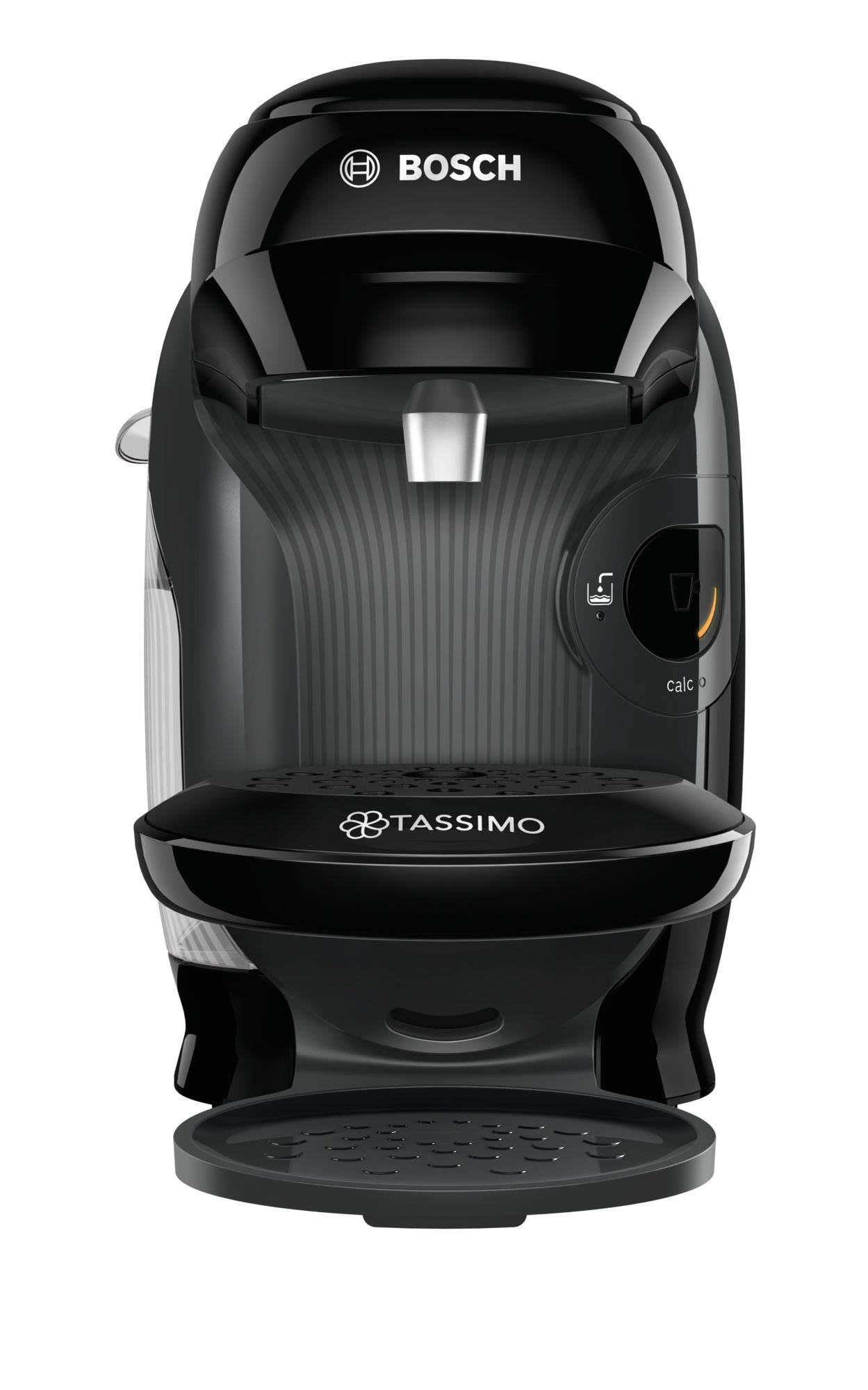 Una macchina da caffè Bosch Tassimo nera. La parte anteriore presenta il logo Tassimo e un portabicchieri.