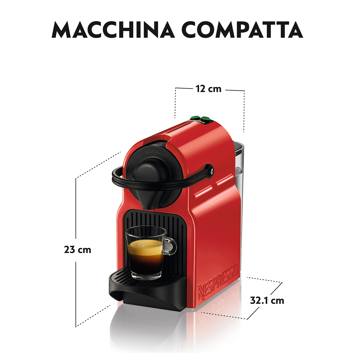 Cafetera Nespresso roja. Diseño pequeño y compacto. Vaso de espresso visible.