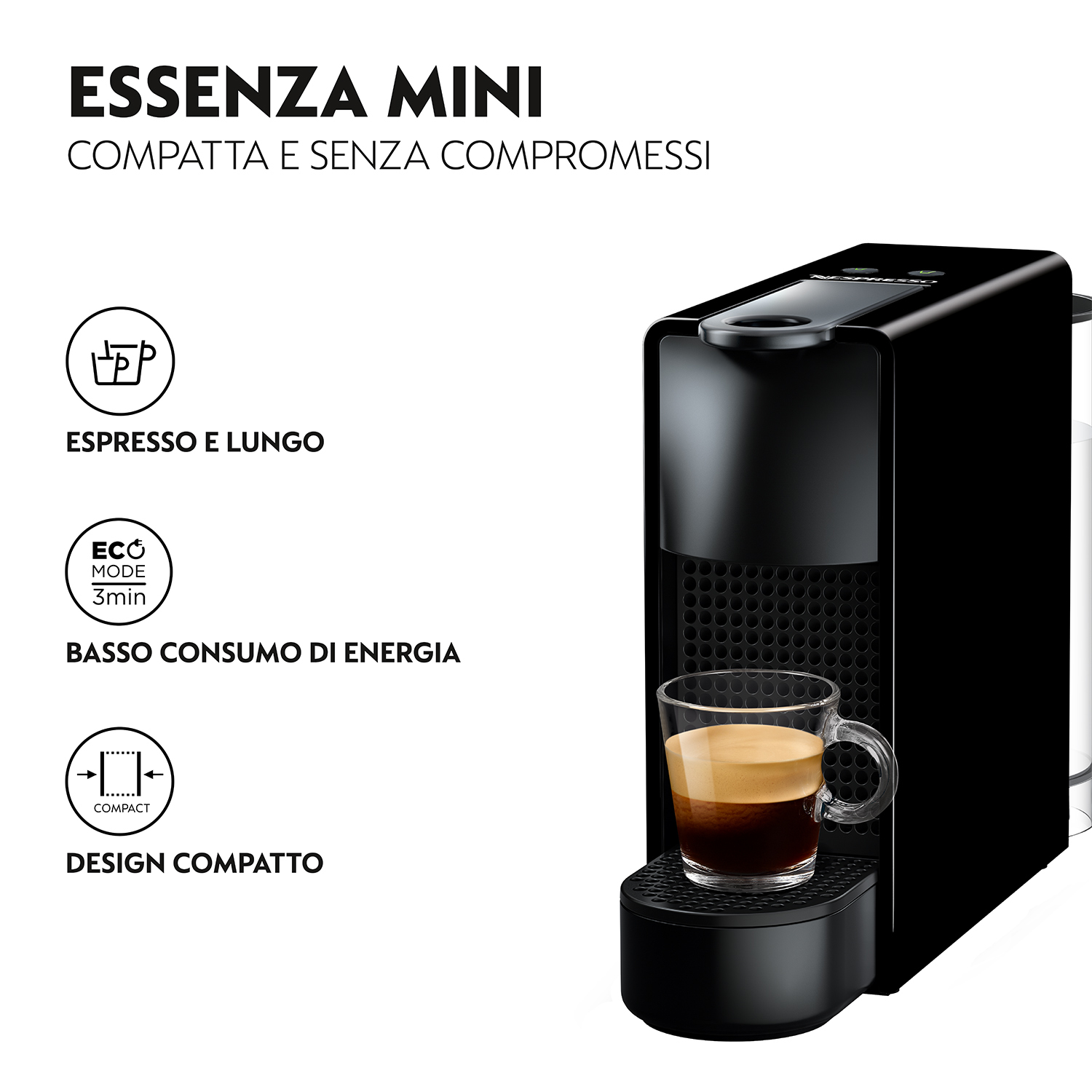 Eine schwarze Nespresso Essenza Mini Kaffeemaschine mit einem Glas Kaffee auf dem Tablett. Text im Hintergrund.