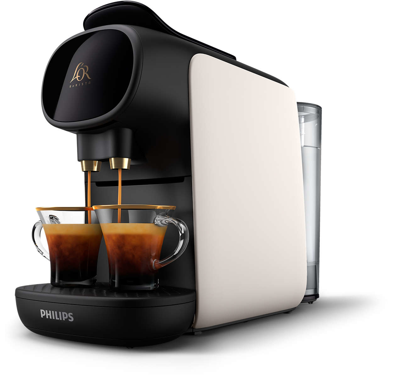 Black and cream coffee machine with coffee pouring into two glass cups, white background.