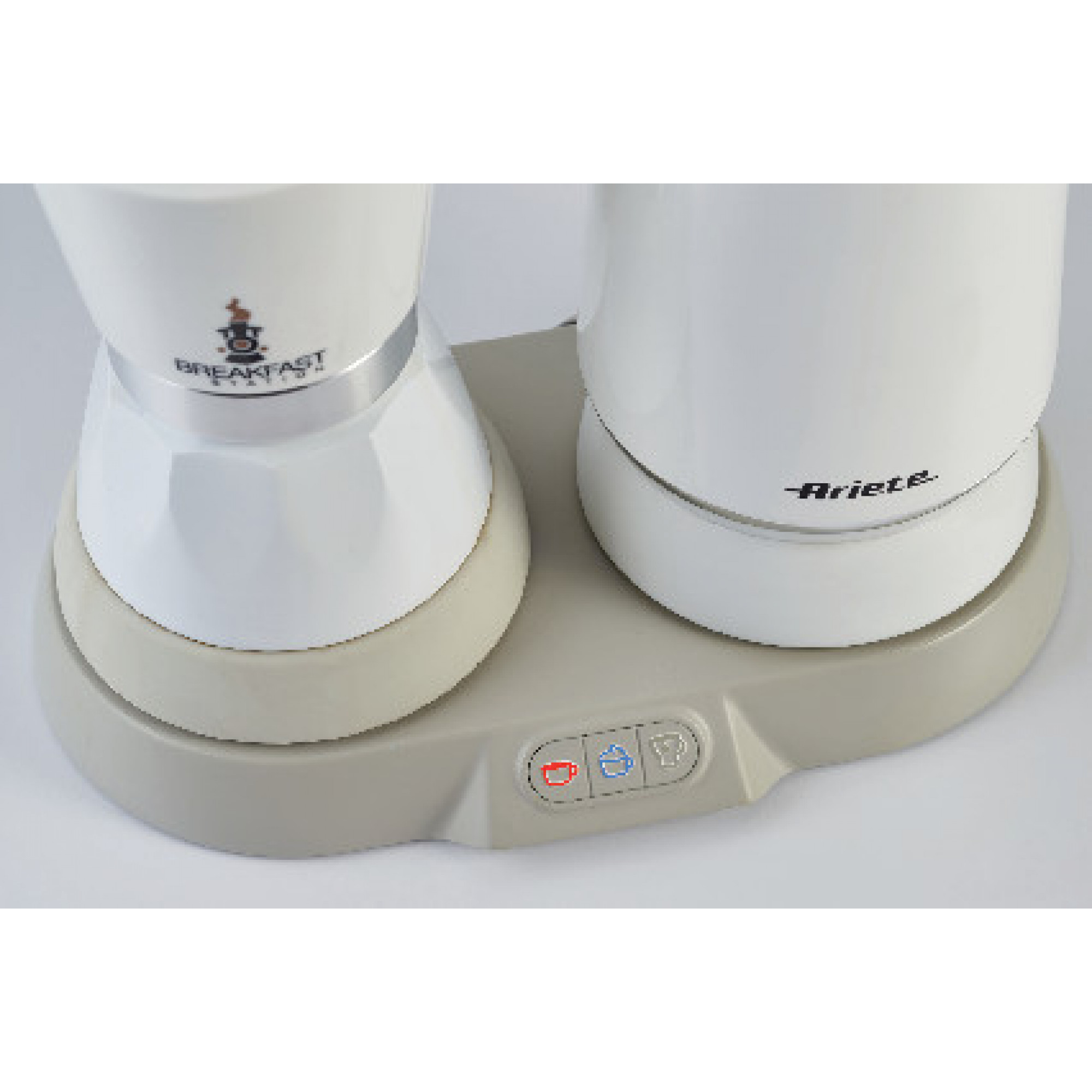 Biało-srebrna maszyna śniadaniowa z dwoma przegródkami na szarej podstawie, z przyciskami.