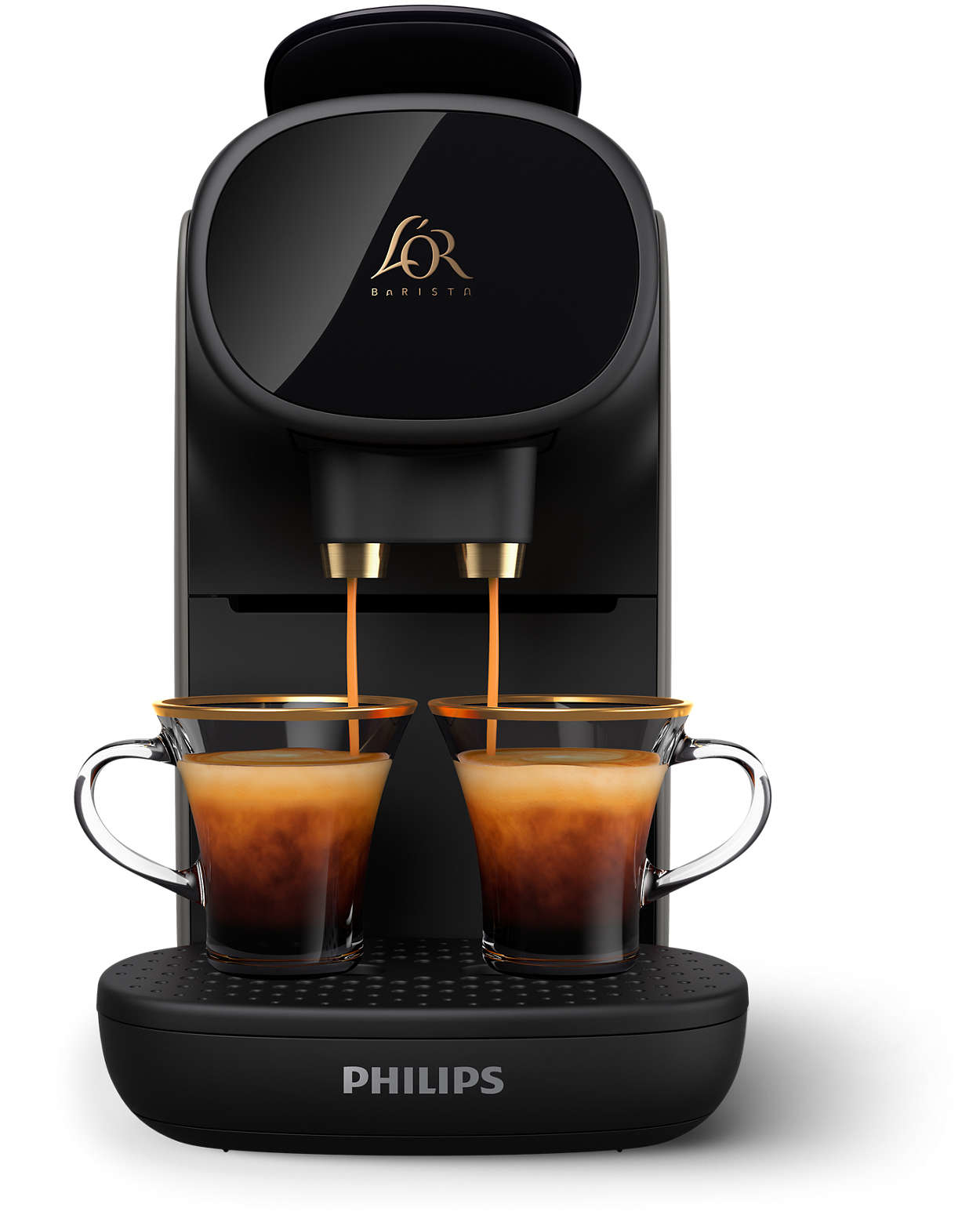 Una cafetera L'OR Barista negra que dispensa café en dos vasos.