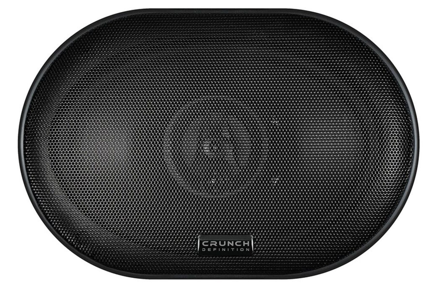 Schwarzer ovaler Lautsprechergrill mit 'CRUNCH DEFINITION'.