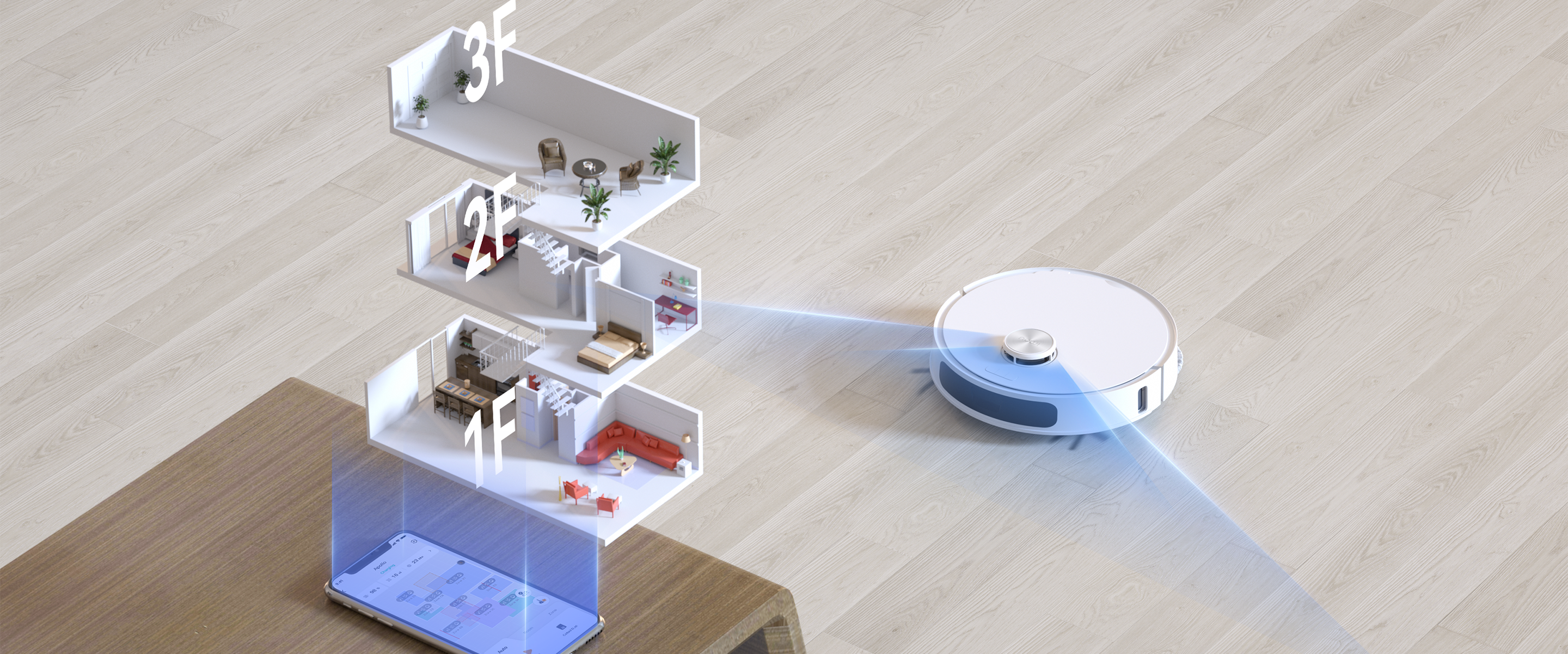 Un robot aspirapolvere su legno, con modello casa e telefono.