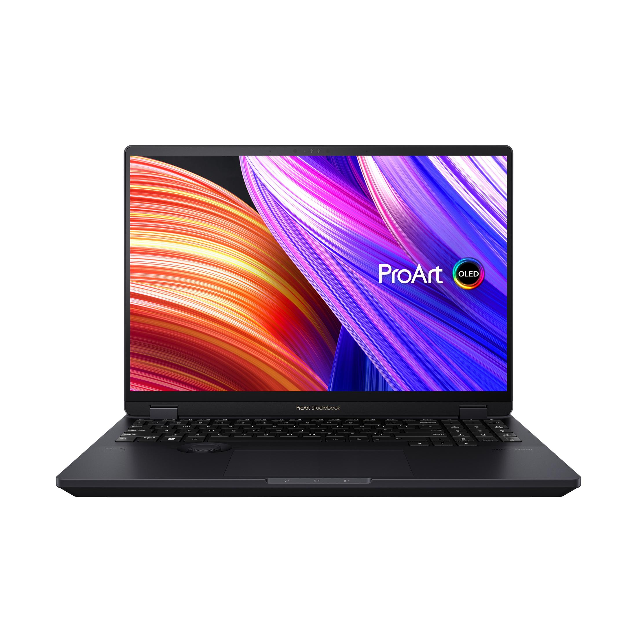 Schwarzer Laptop mit großem Bildschirm. Der Bildschirm zeigt ein farbenfrohes abstraktes Bild. Der Laptop ist geöffnet.