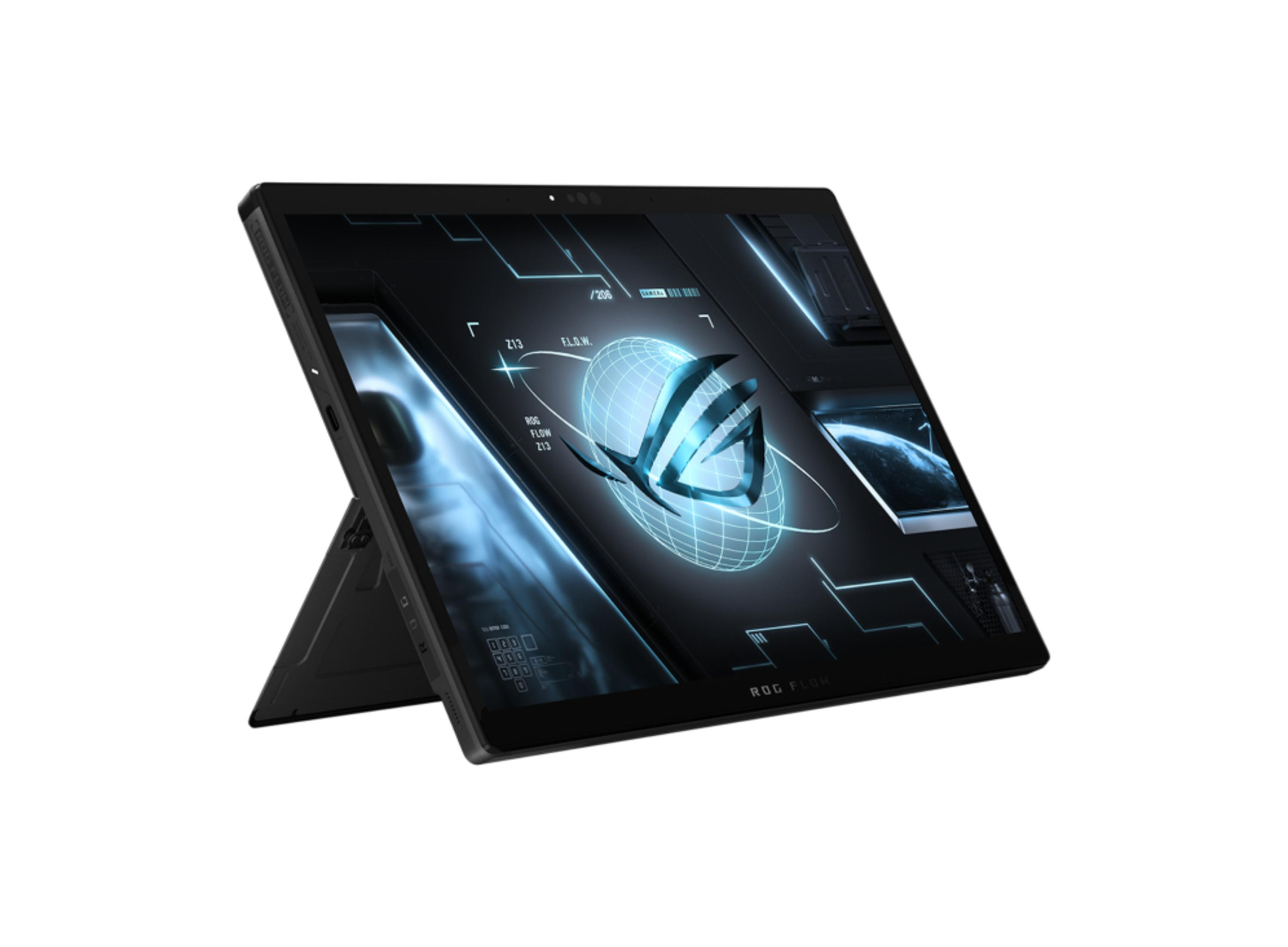 Ein schwarzer Laptop/Tablet mit Ständer, zeigt eine futuristische Oberfläche, abgewinkelt auf weißem Hintergrund.