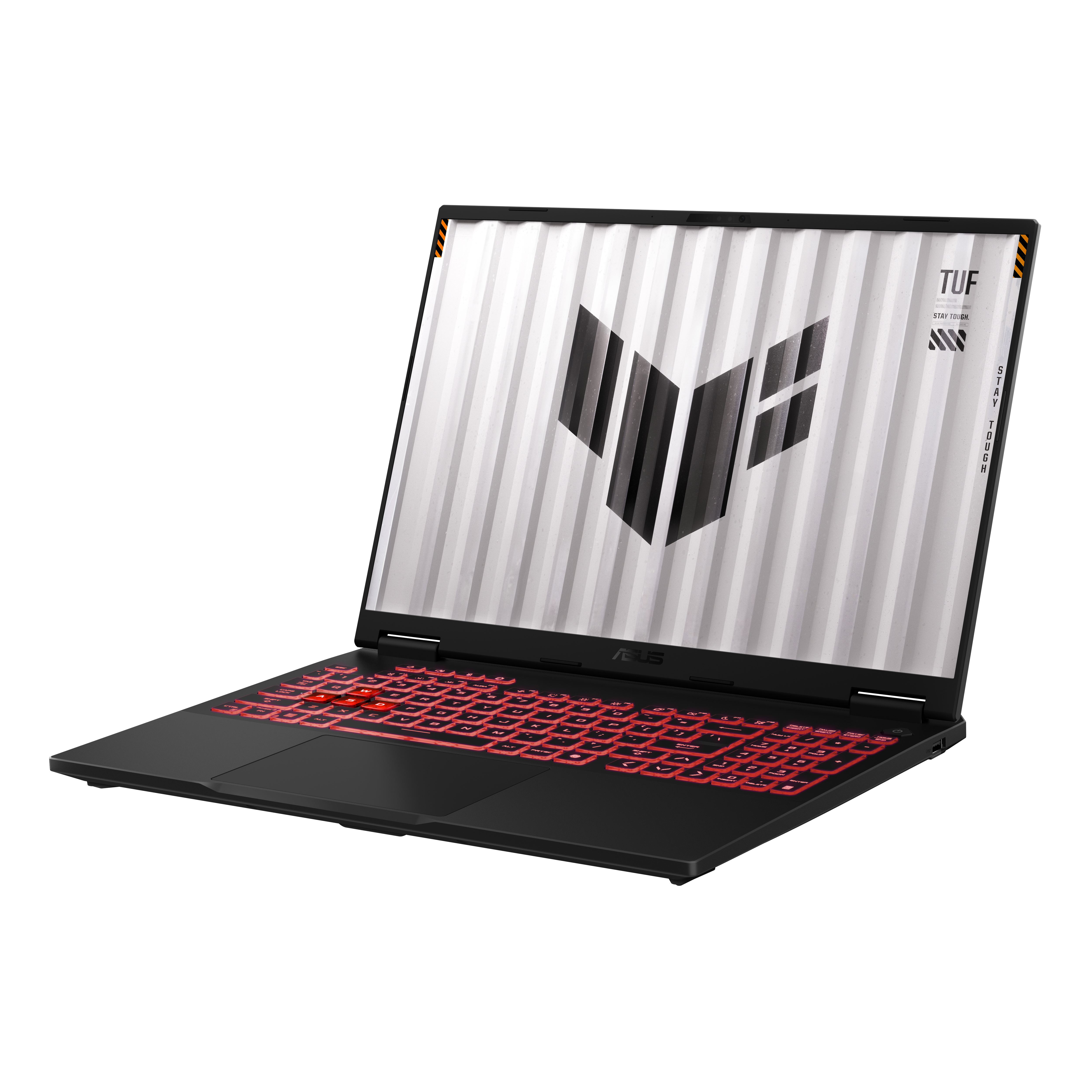 Laptop nero con tastiera retroilluminata rossa, schermo con logo bianco e nero.