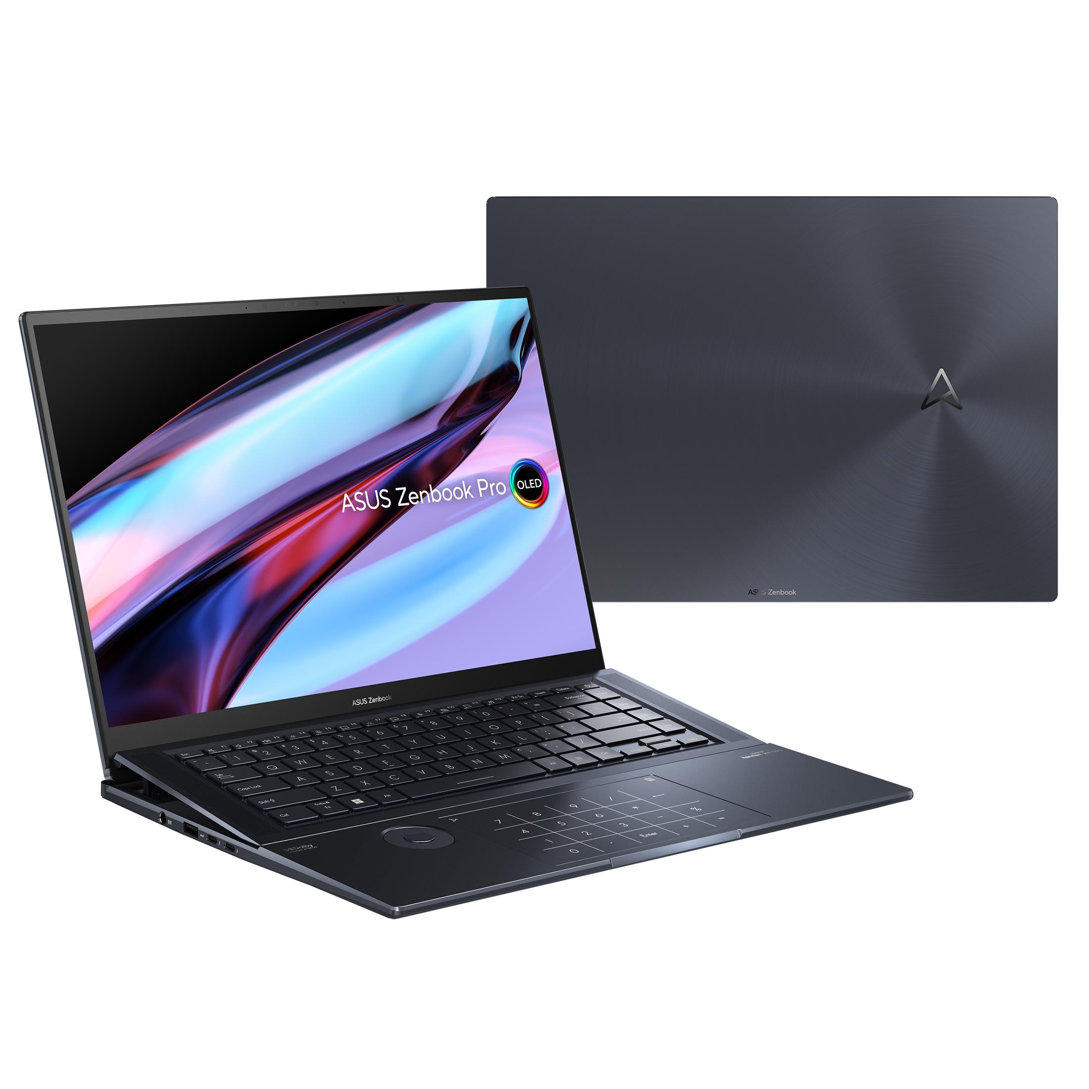 Ein Laptop mit geschlossenem Rücken und geöffnetem Display auf weißem Hintergrund.