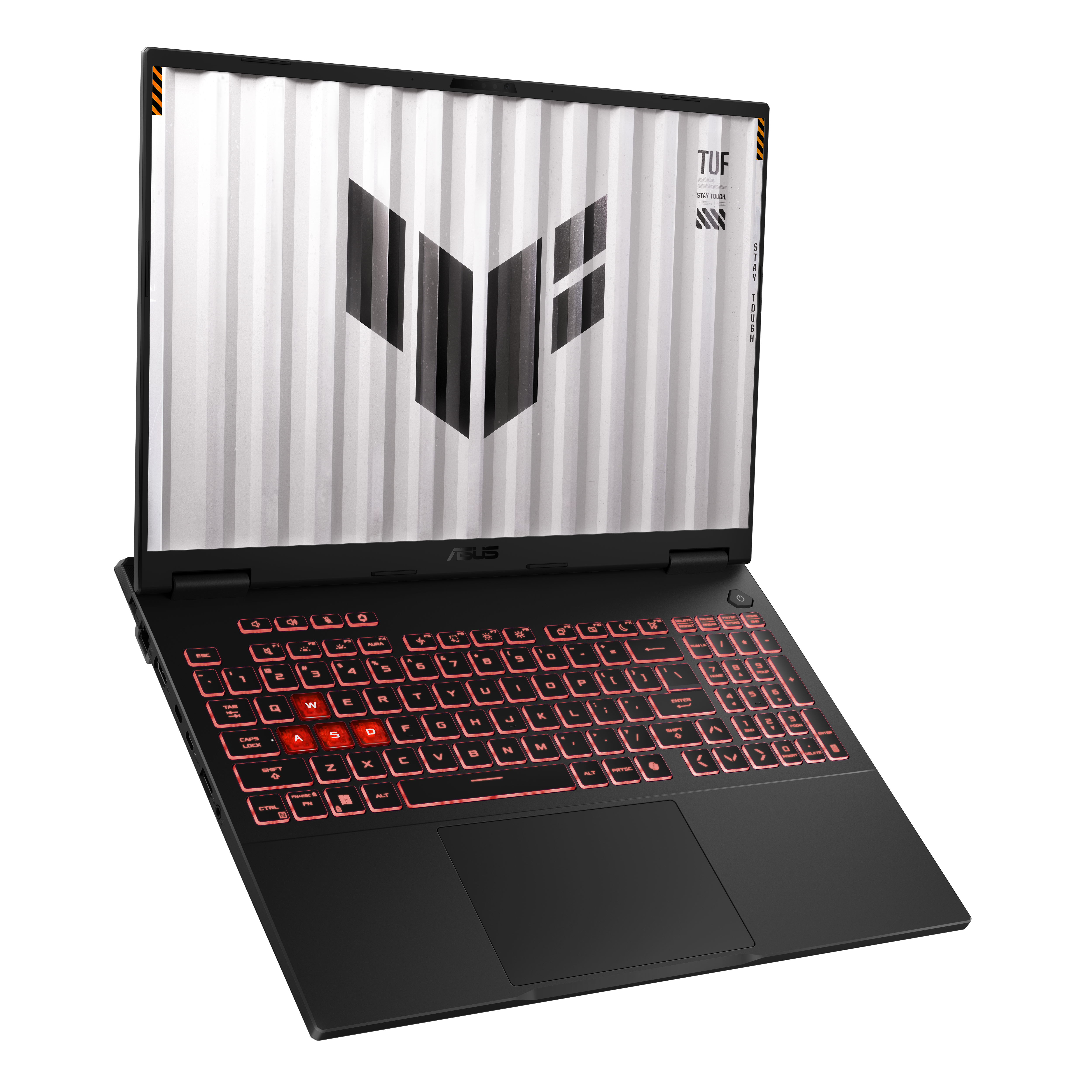 Laptop nero, aperto, con tastiera retroilluminata rossa. Lo schermo è acceso.