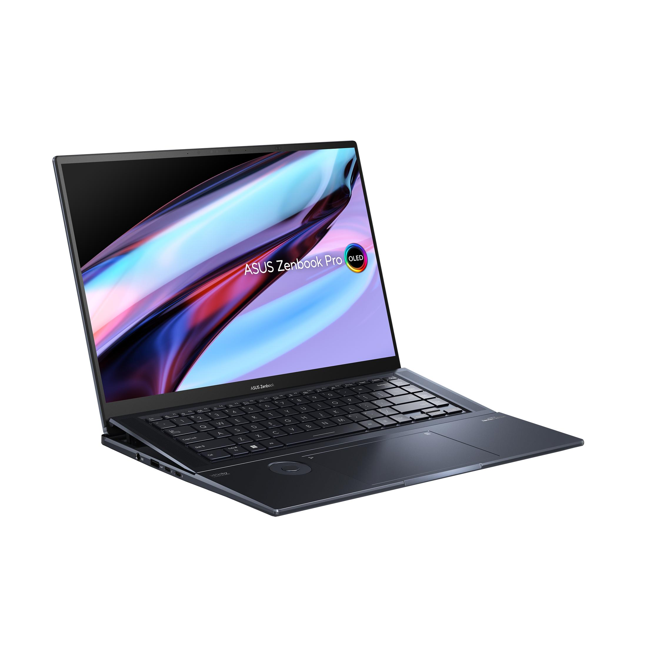 Laptop, offen, mit einem Display, das eine farbenfrohe Grafik zeigt. Schwarzes und silbernes Design.