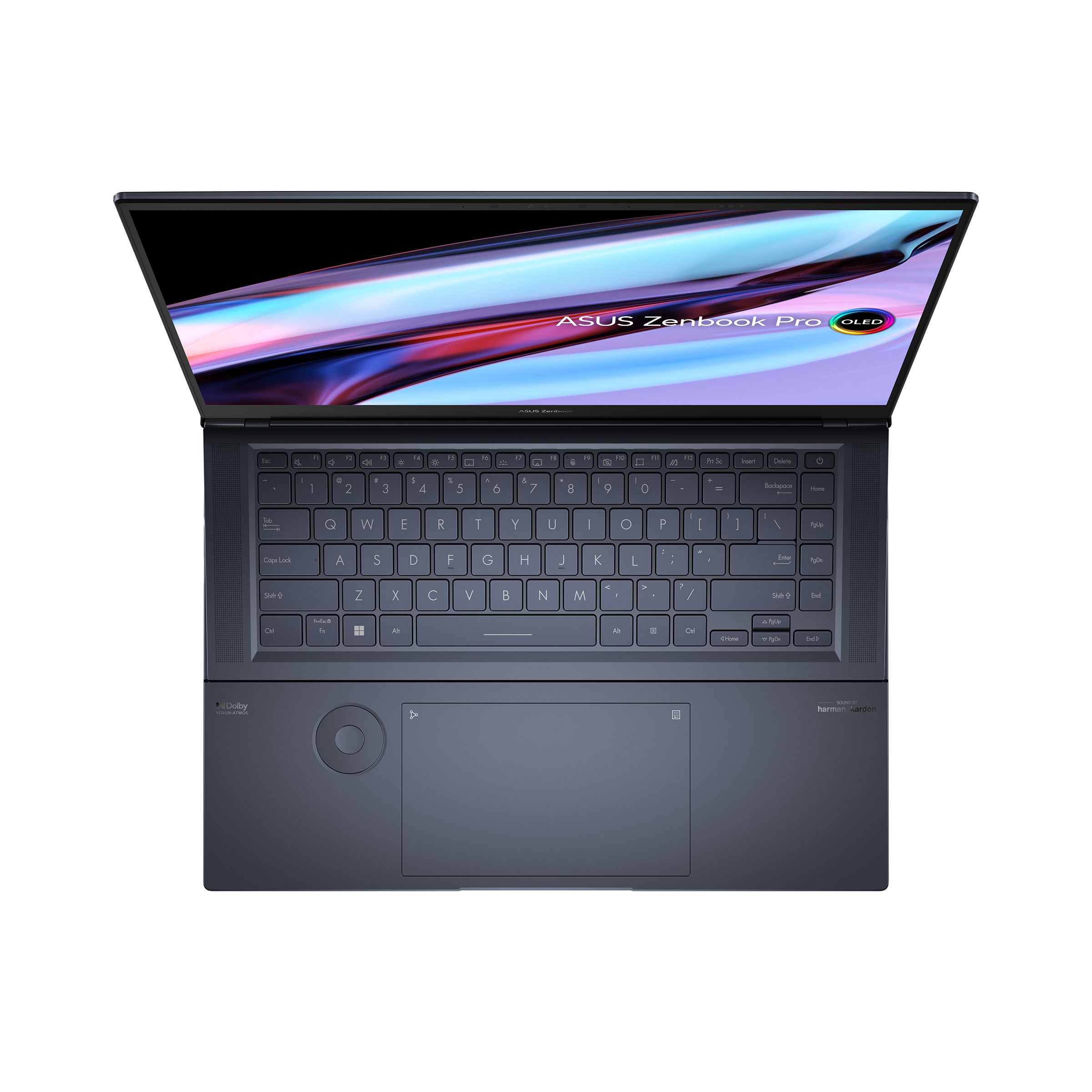Dunkelblauer Laptop auf weißer Oberfläche geöffnet. Bildschirm zeigt Farbverläufe. Tastatur hat rundes Touchpad.