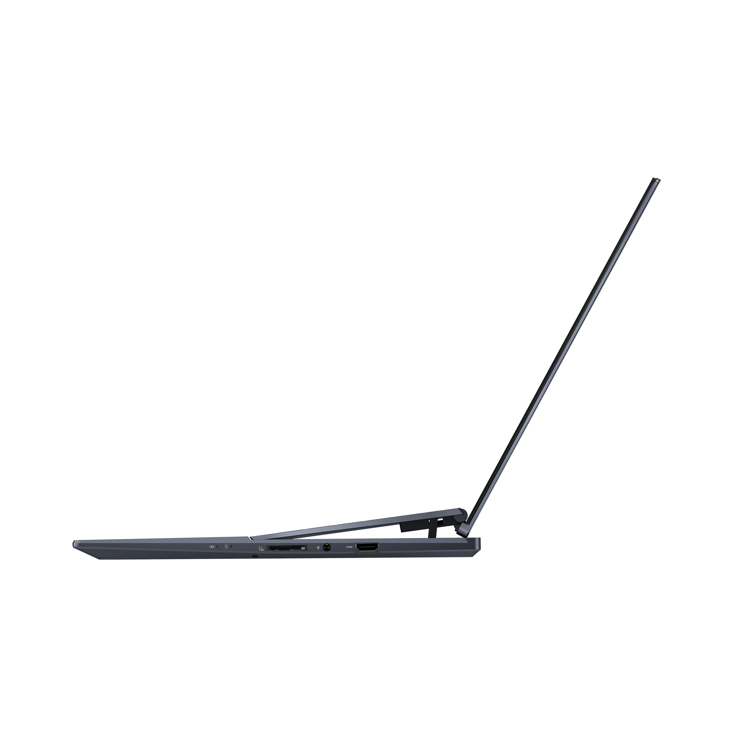 Ein Seitenprofil eines Laptops ist sichtbar, geöffnet mit Bildschirm, Anschlüssen und Scharnier.