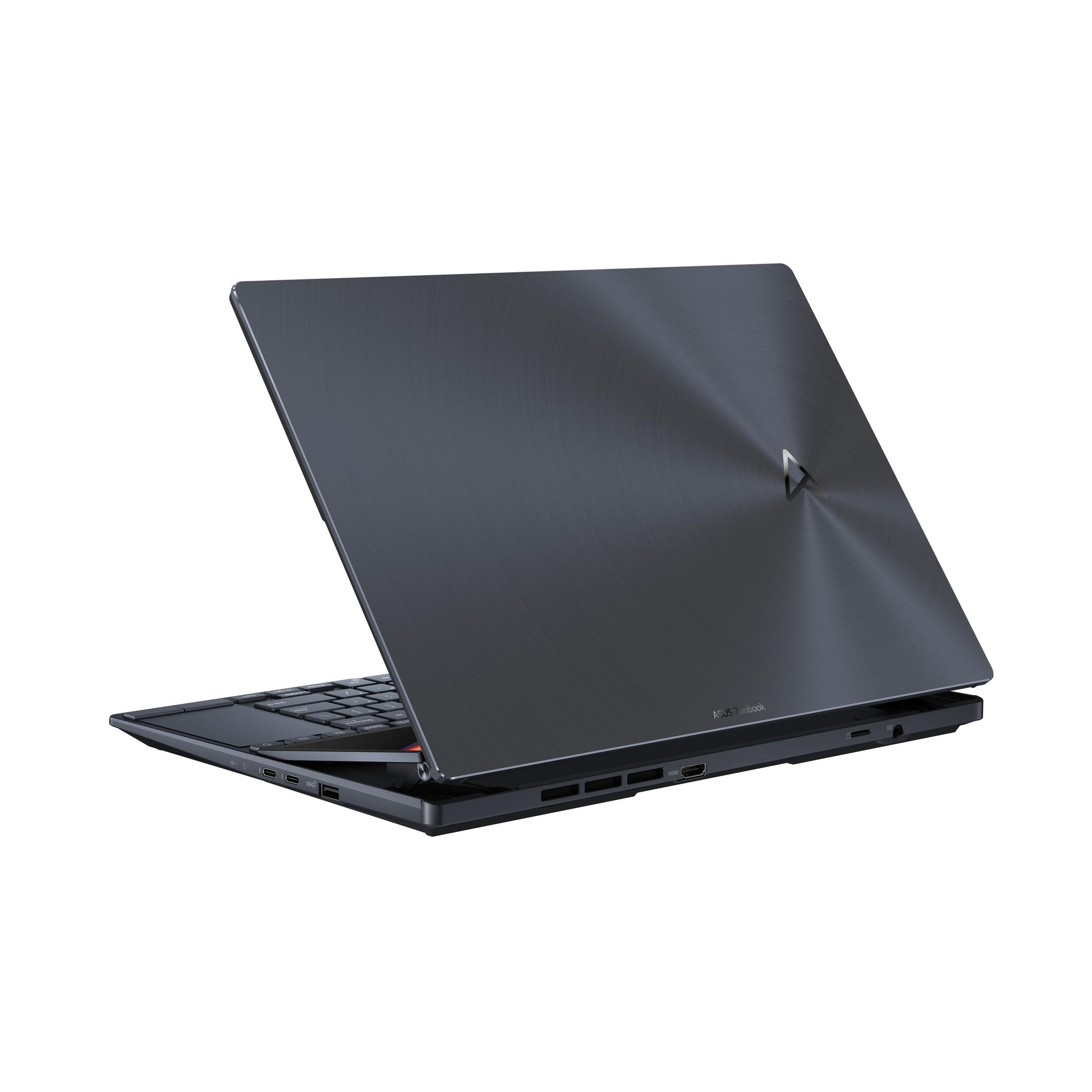 Laptop von hinten und der Seite. Dunkelgraue Farbe. ASUS Zenbook Logo. USB-Anschlüsse und andere Verbindungen.