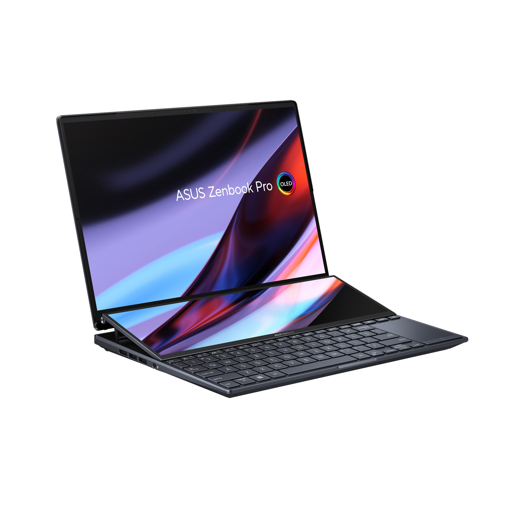 ASUS Zenbook Pro Laptop offen. Schwarze Tastatur und zweiter Bildschirm.