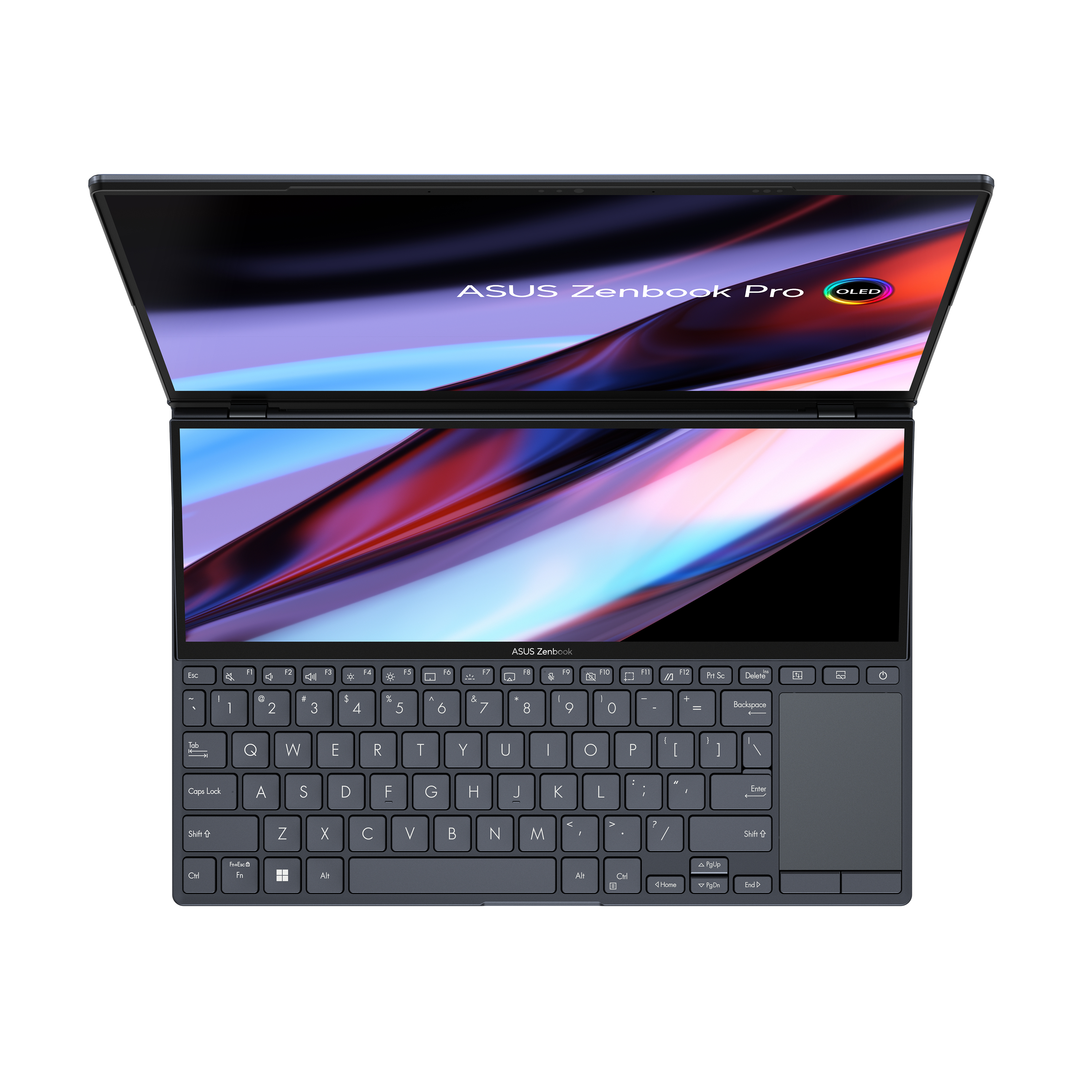 Laptop, geöffnet, Draufsicht. ASUS Zenbook Pro OLED auf dem Display. Tastatur sichtbar.