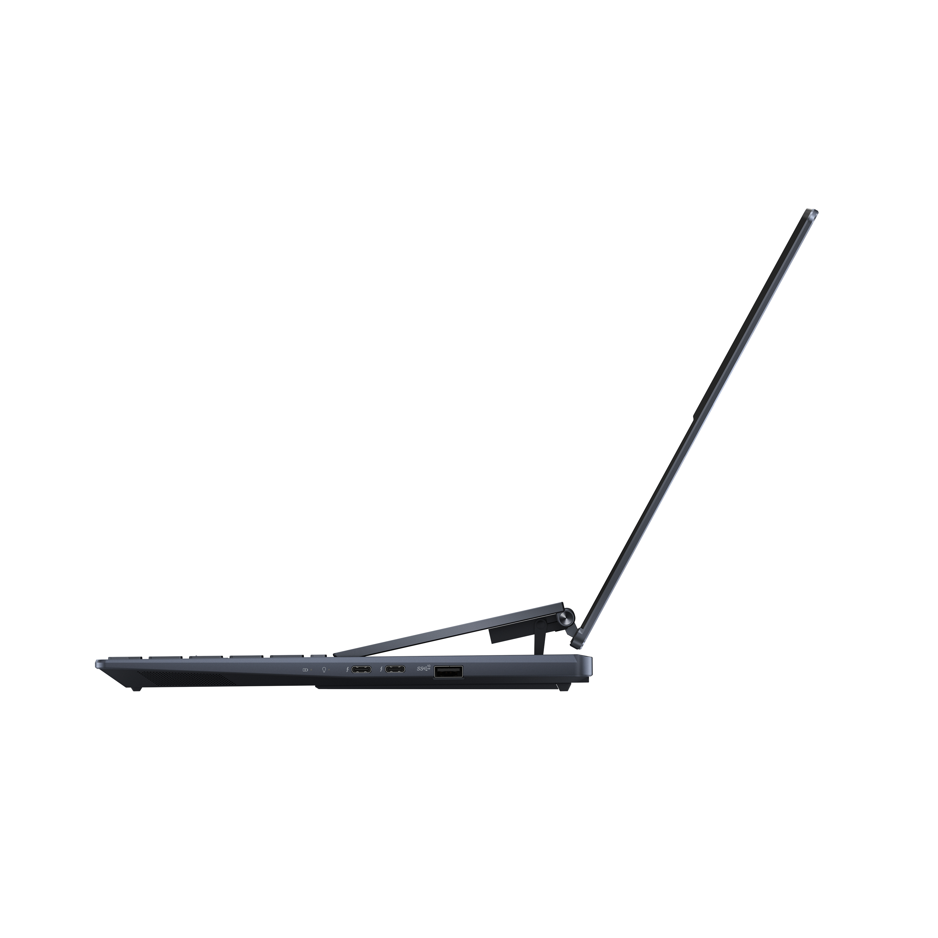 Laptop-Seitenansicht. Dunkelgrau und geöffneter Bildschirm. Anschlüsse sichtbar.