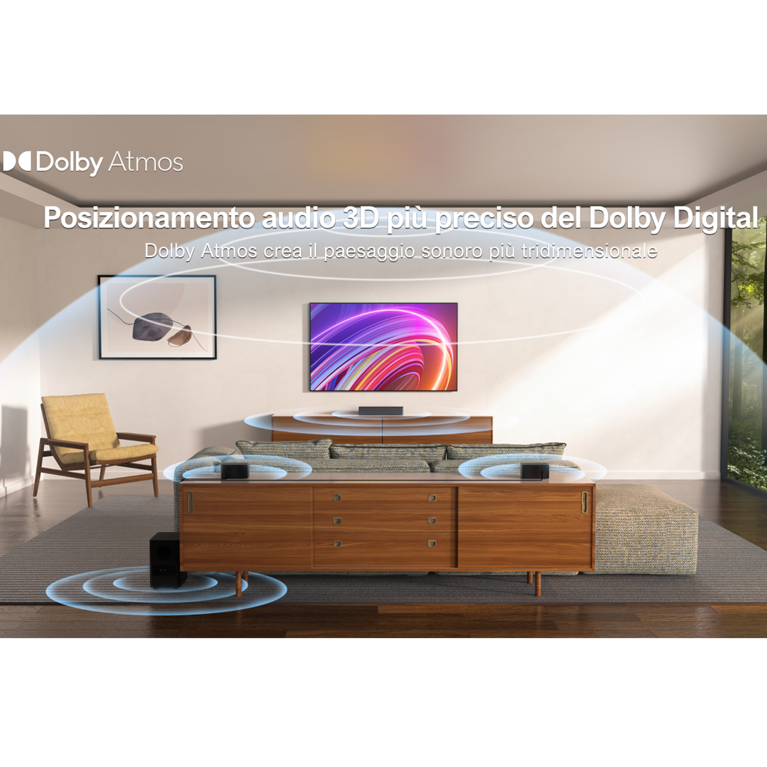 Un soggiorno con TV, altoparlanti e una sedia, che mostra la tecnologia audio Dolby Atmos.