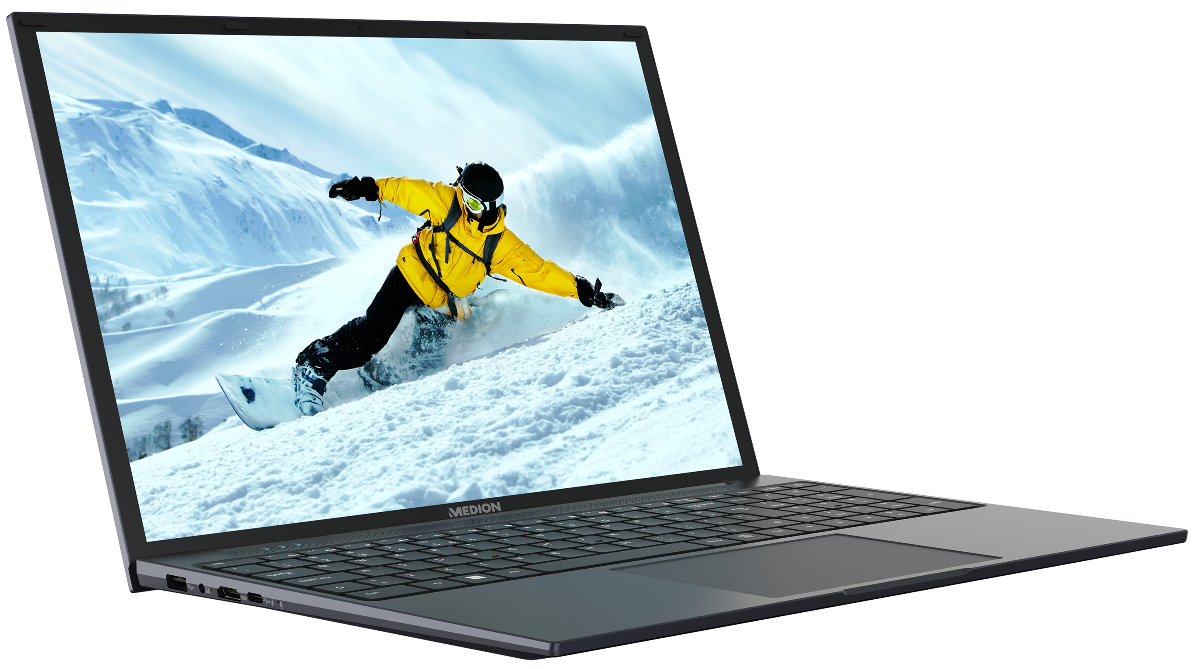 Ein Laptop, der einen Snowboarder auf einem schneebedeckten Berg zeigt. Der Laptop ist geöffnet, mit dunkler Tastatur.