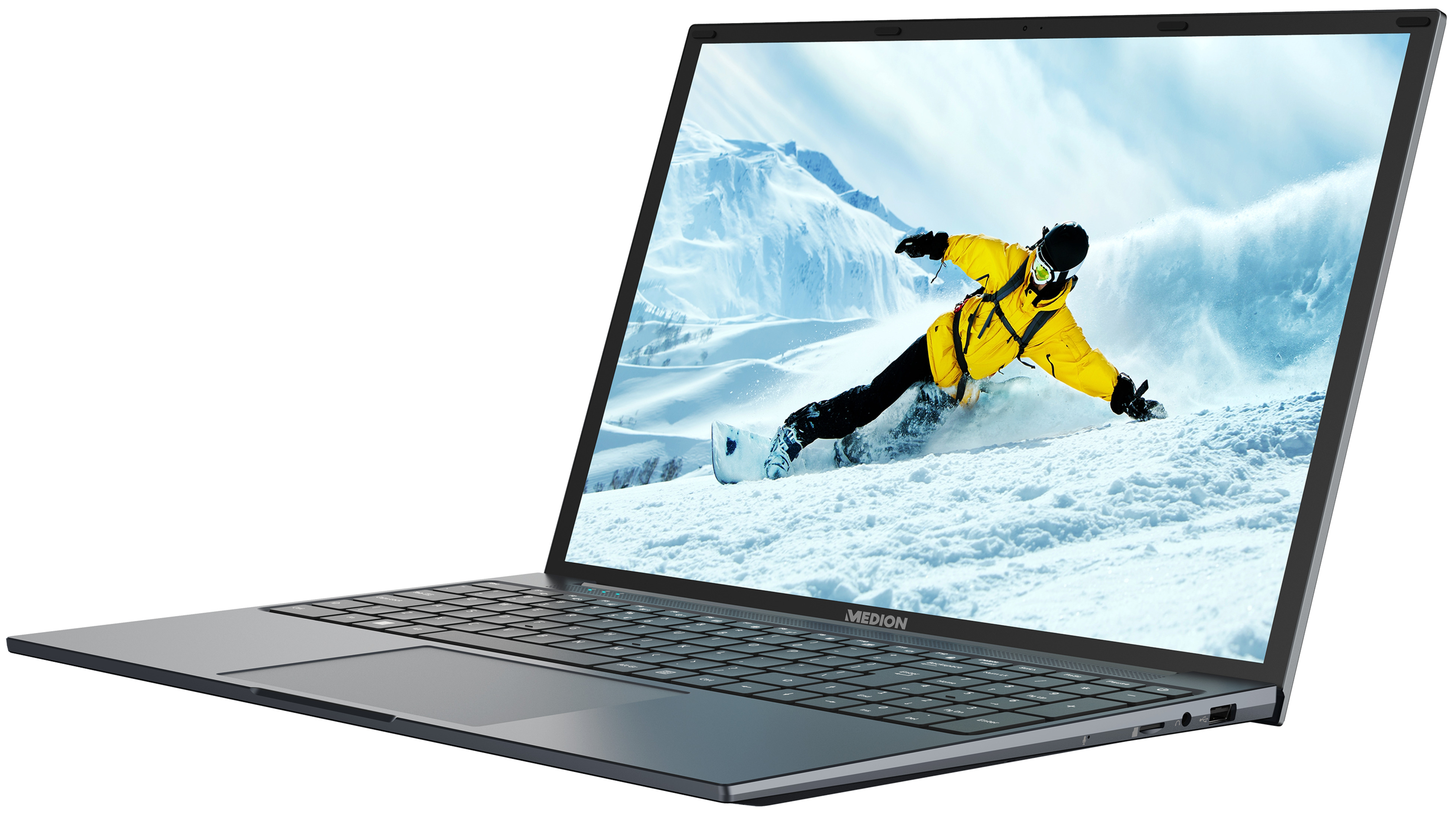 Der Laptop zeigt einen Snowboarder auf einem schneebedeckten Berg. Der Laptop ist schwarz.