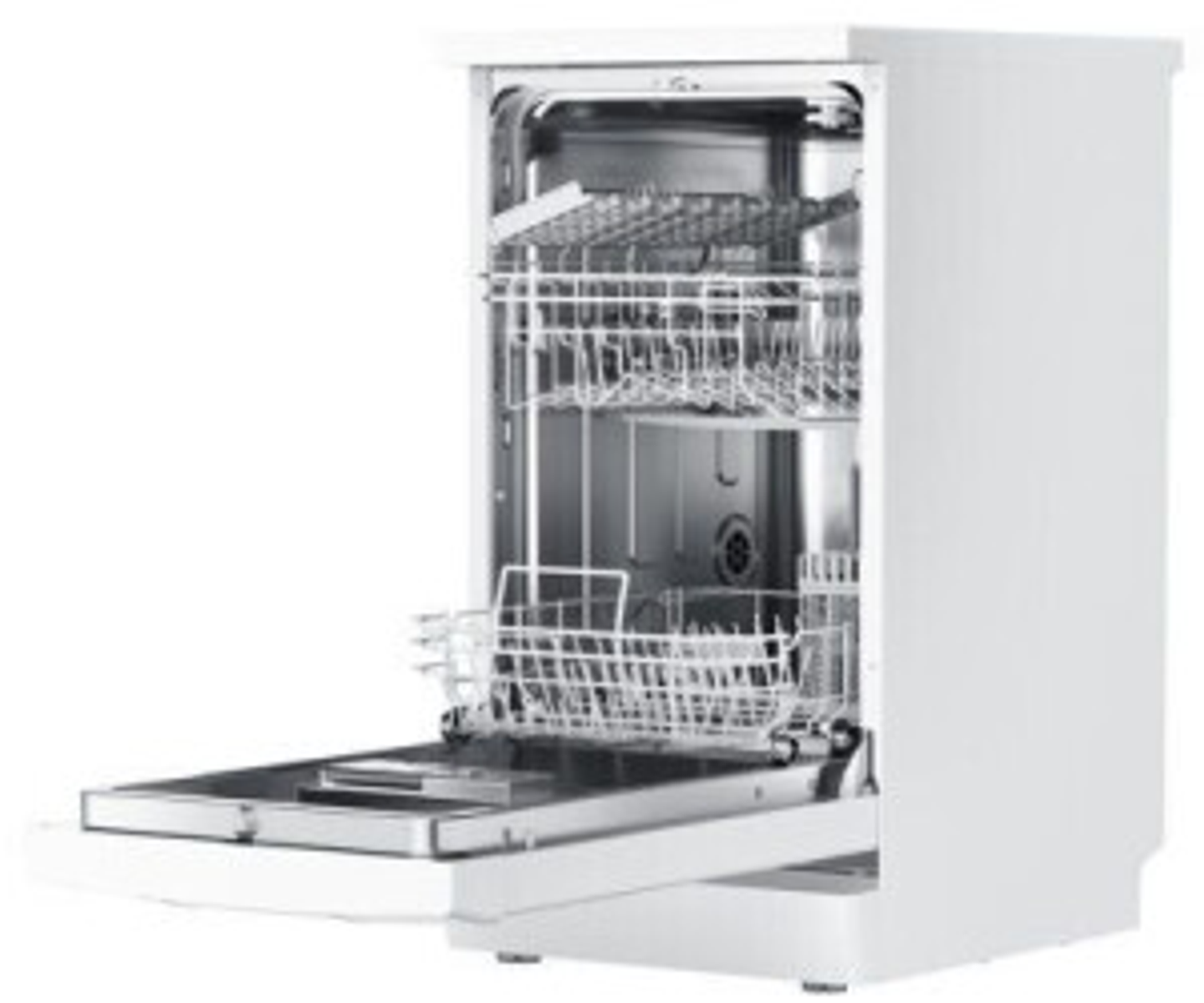 Lavavajillas blanco con puerta abierta, mostrando rejillas e interior. Electrodoméstico de cocina brillante y moderno.