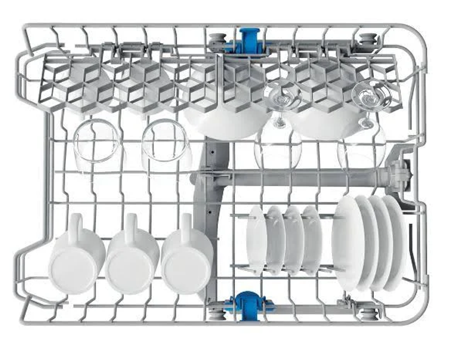 Interior de un lavavajillas con platos, tazas y vasos en las rejillas. Metal gris.