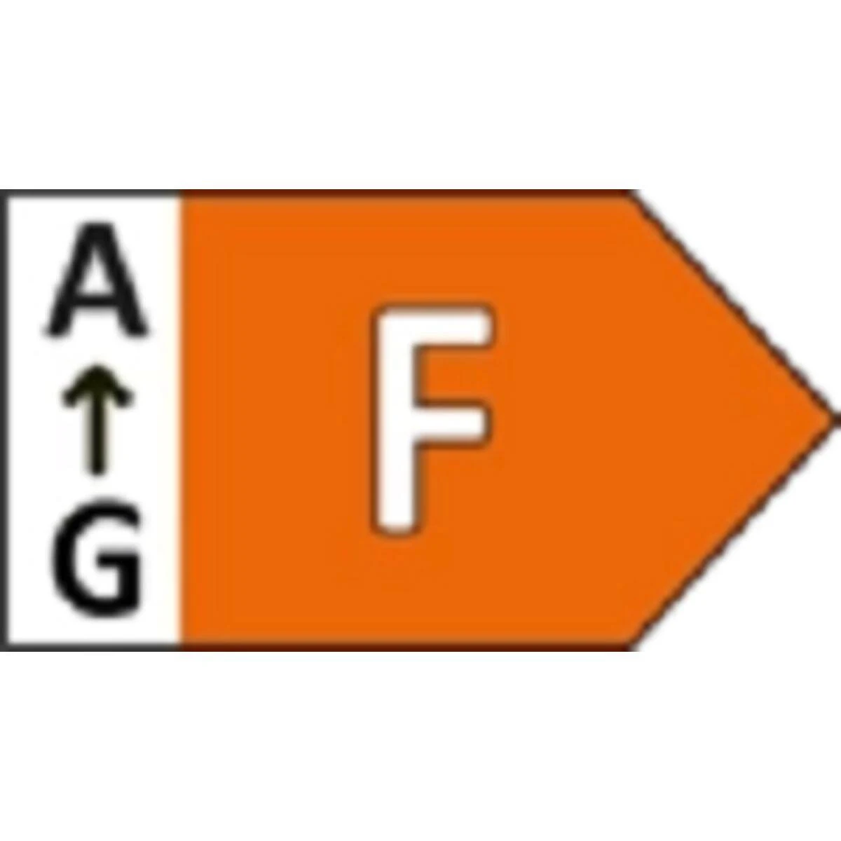 Una etiqueta naranja de eficiencia energética con una 'F' y una flecha de G a A.