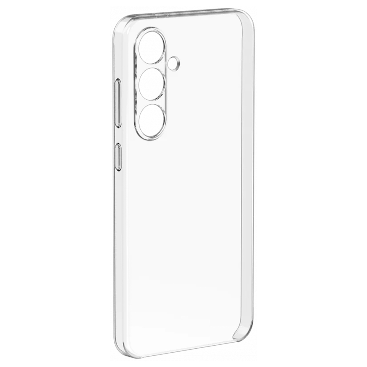 Funda transparente para teléfono. Muestra tres recortes de cámara. Fondo blanco.