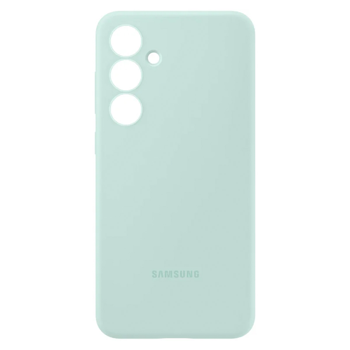 Een lichtgroene telefoonhoes met drie cameralenzen en het Samsung-logo.