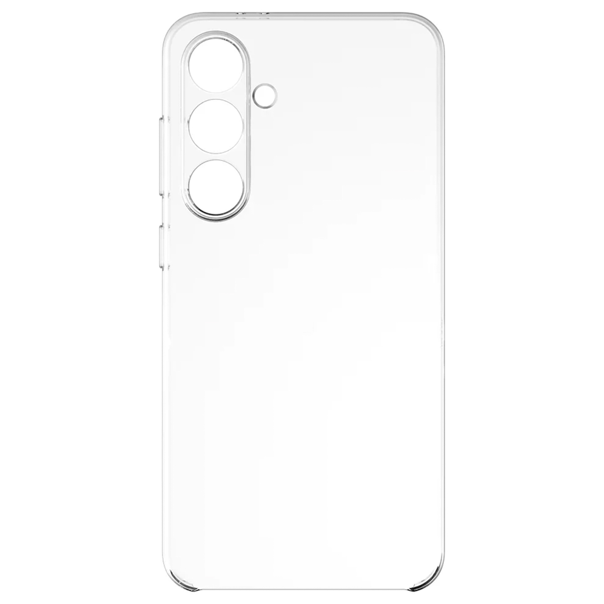 Funda transparente para teléfono, tres recortes de cámara, botones y diseño transparente.