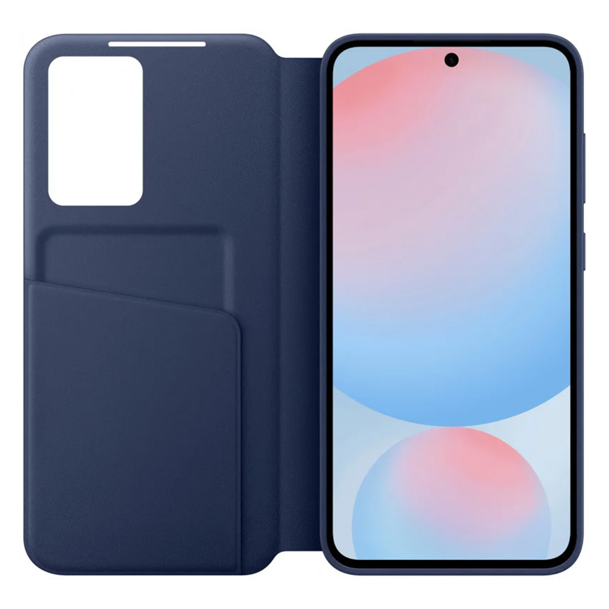 Custodia per telefono blu scuro aperta, che mostra uno smartphone con schermo sfumato rosa e blu.