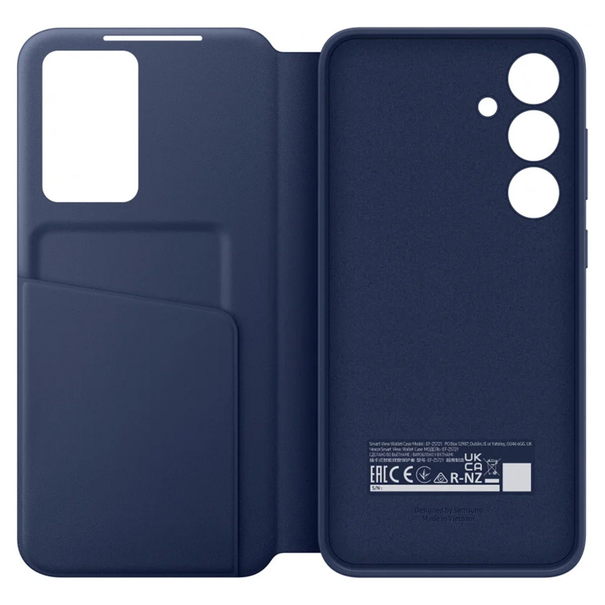 Una custodia blu aperta, che rivela uno slot per schede e il retro del telefono.