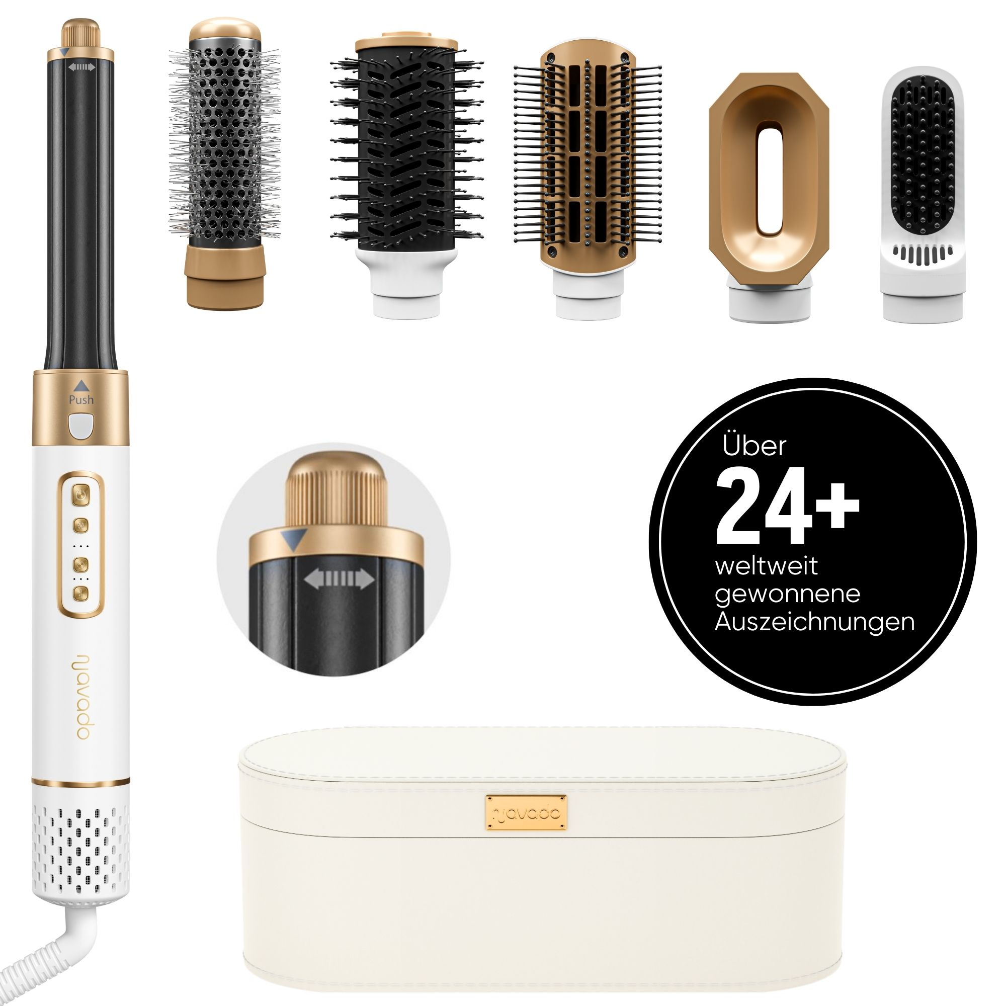 Haarstyling-Werkzeug mit mehreren Aufsätzen. Weißes und goldenes Farbschema. Weißer Hintergrund.