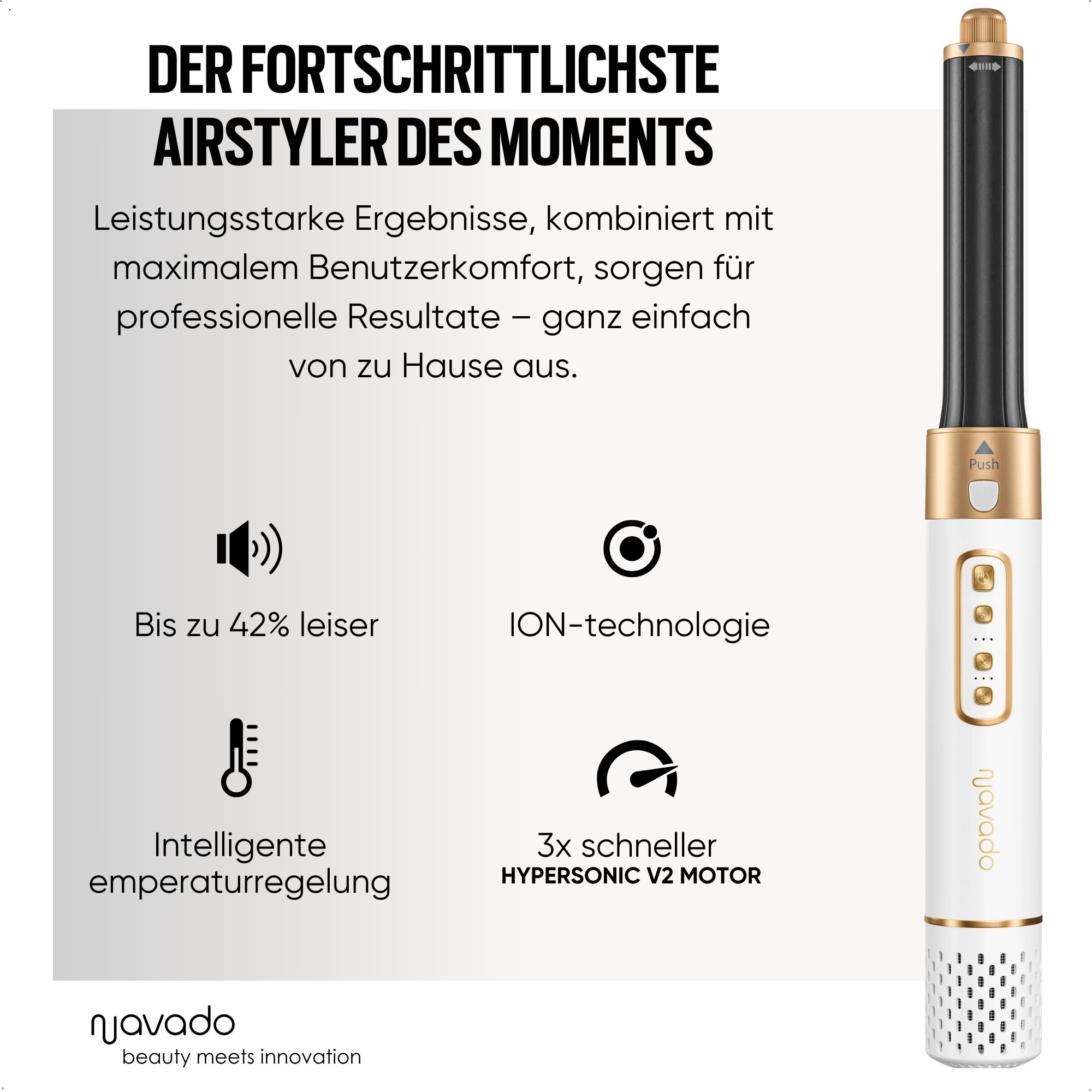 Haarstyling-Werkzeug mit Text. Zeigt Produktmerkmale, einschließlich Symbole und Text.
