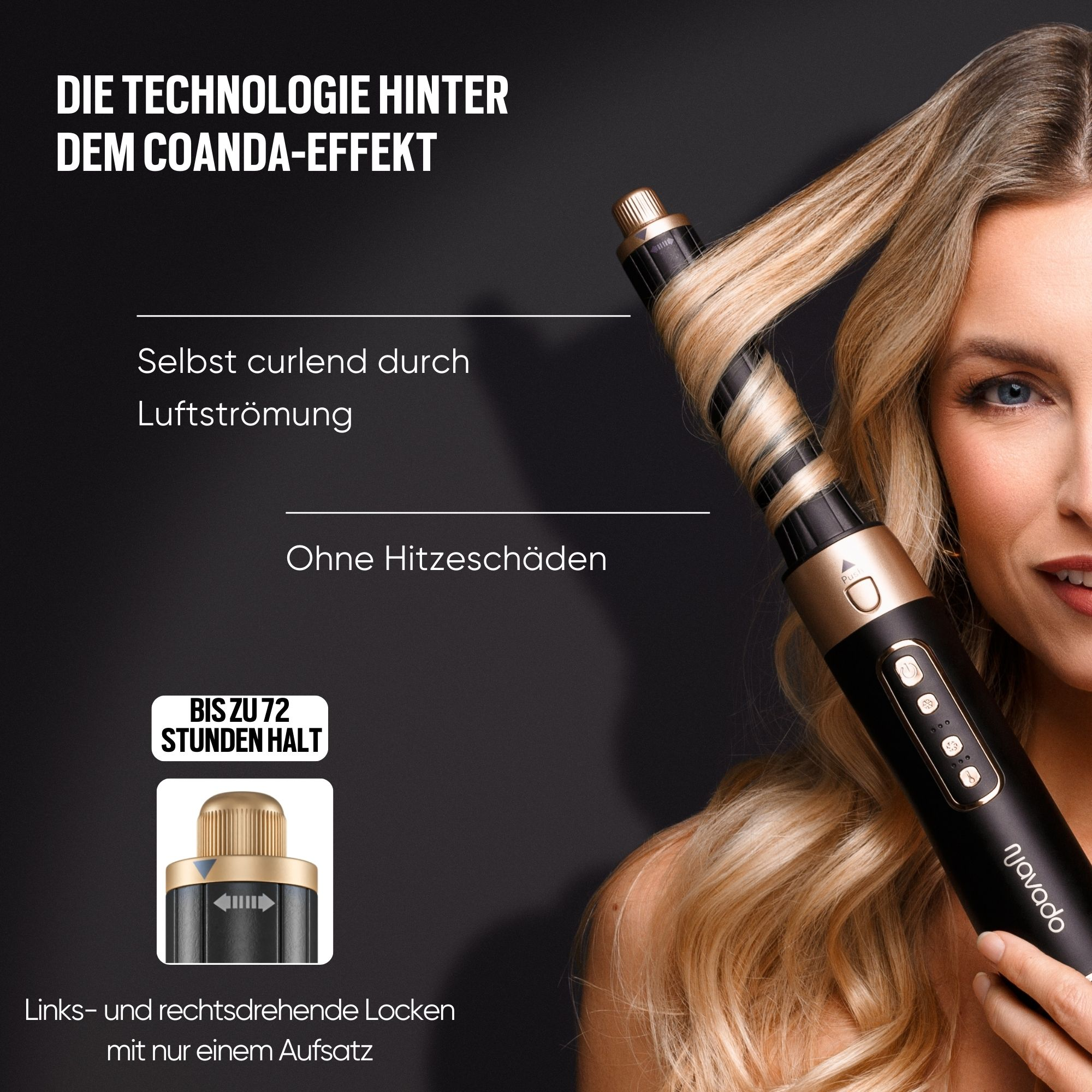 Frau stylt Haare mit Lockenstab. Text auf dem Bild: "Coanda-Effekt" und "72 Stunden Halt".