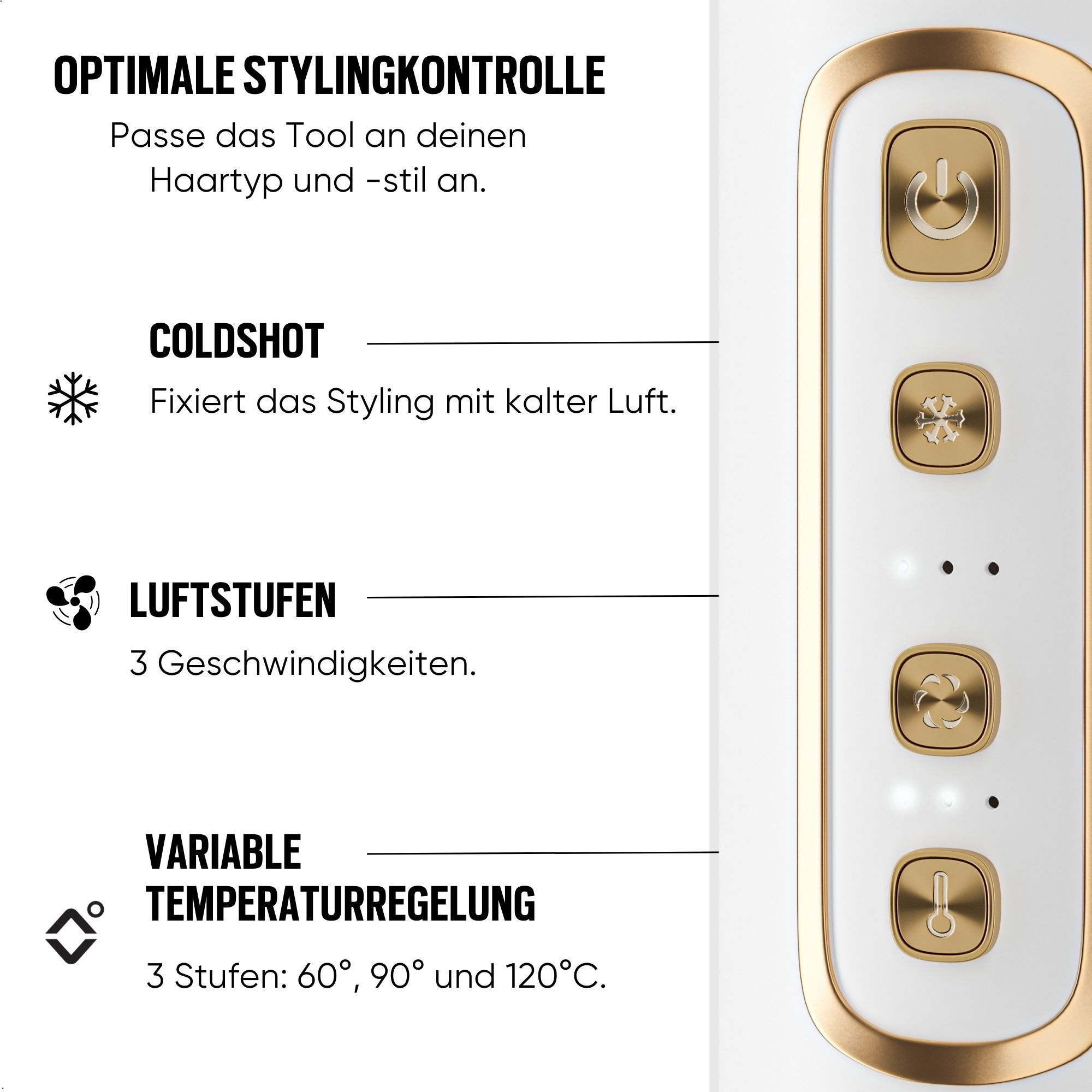 Ein weißes und goldenes Haarstyling-Gerät mit Knöpfen und Beschriftungen an der Seite ist sichtbar.