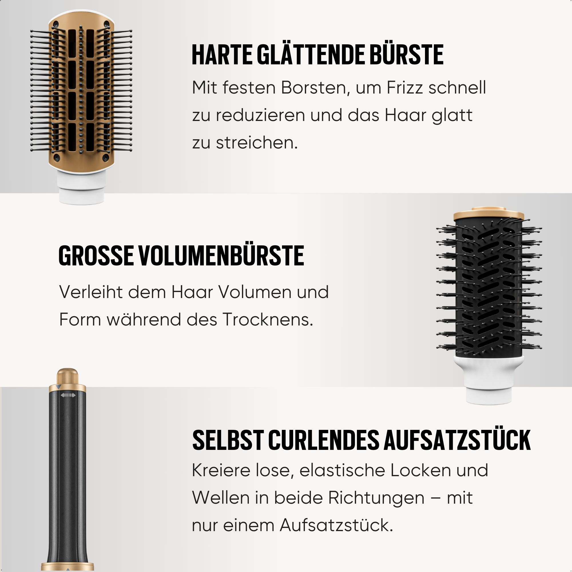 Haarstyling-Tool mit Aufsätzen: harte Glättbürste, große Volumenbürste, selbstlockender Aufsatz.
