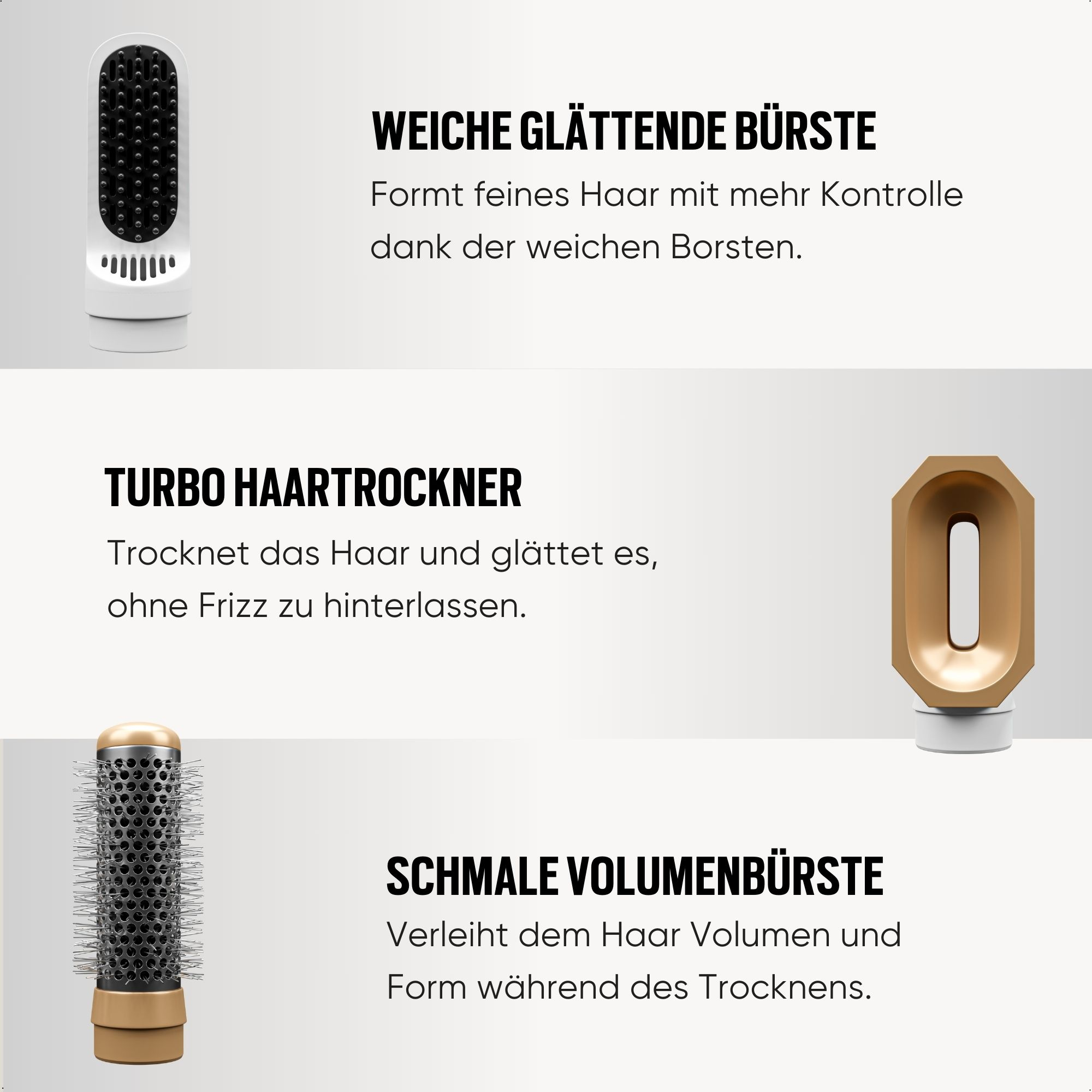 Drei Haarstyling-Werkzeuge und Textbeschreibungen. Eine Glättbürste, ein Turbo-Haartrockner und eine Volumenbürste.