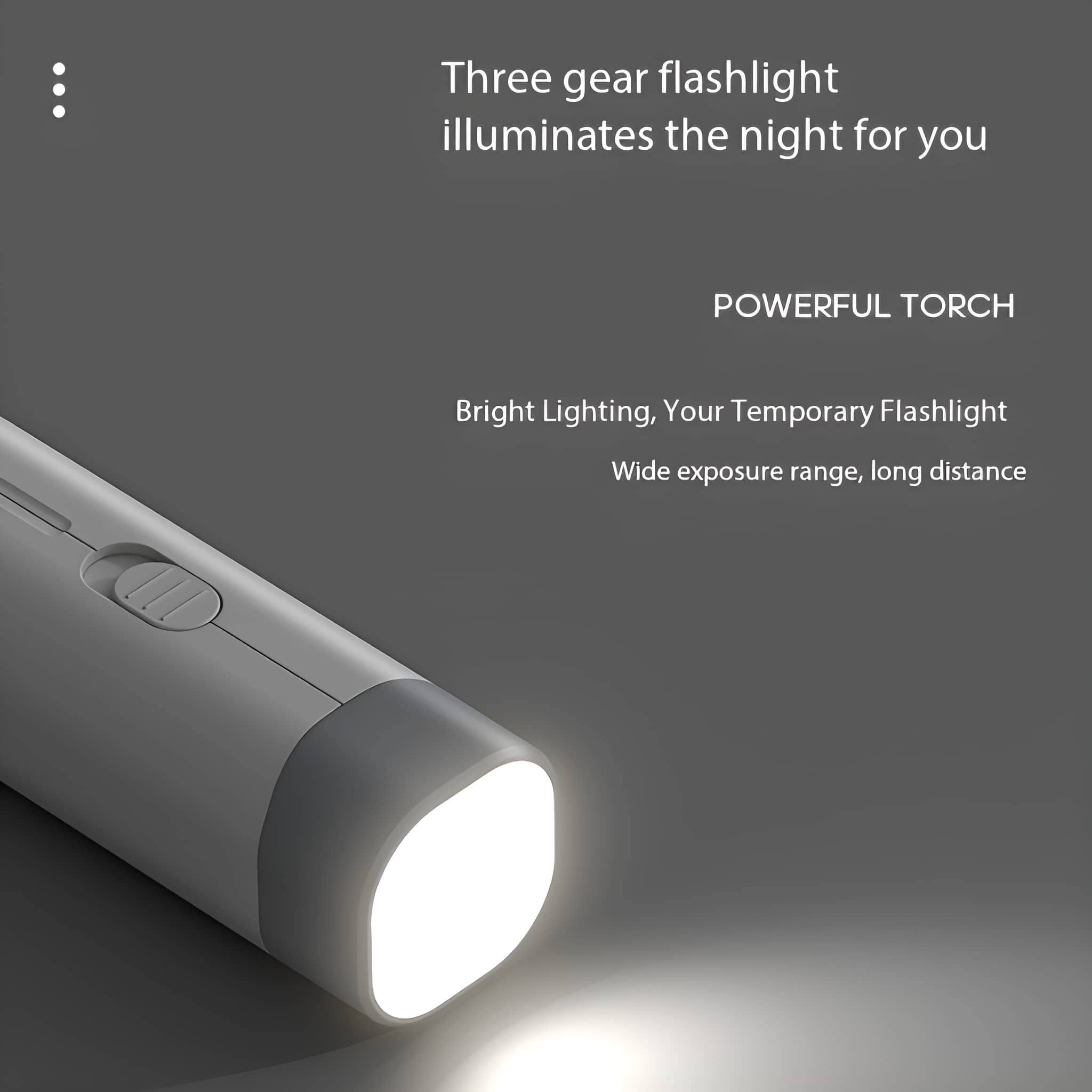 Taschenlampe, weißes Licht emittiert. Grauer Hintergrund, Text oben.